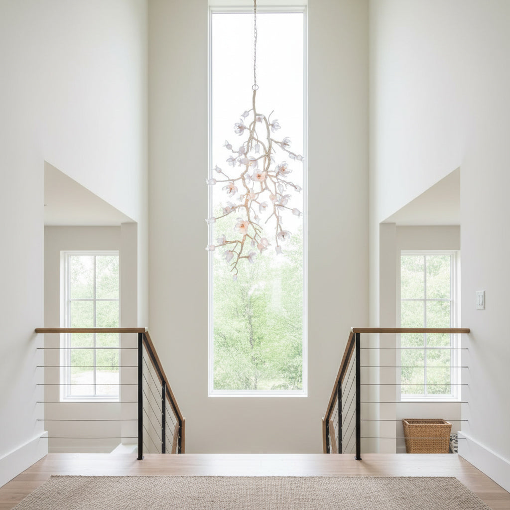 Angled view of the chandelier, showing the arrangement of the 21 glowing blossoms.