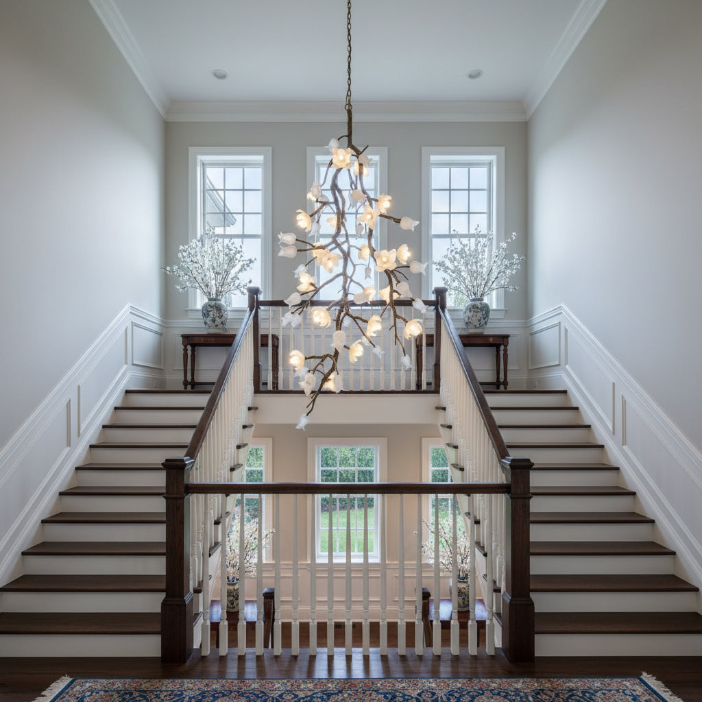 Full view of the vertical chandelier, emphasizing its 197 cm height.