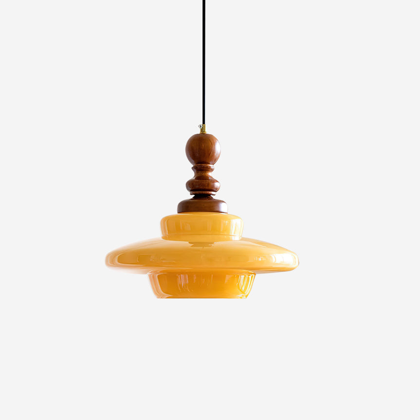 Pendant Lamp Yellow Glass with Walnut Wood Accent Retro