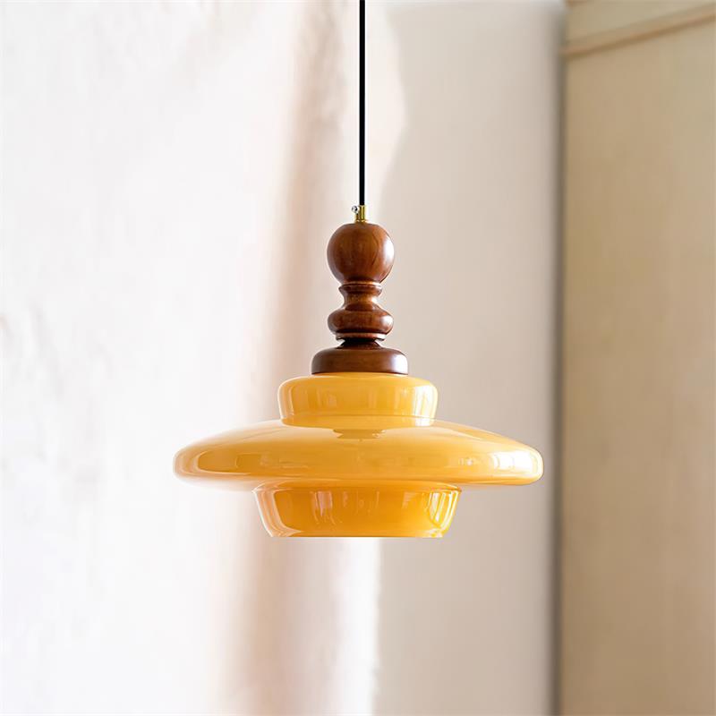Pendant Lamp Yellow Glass with Walnut Wood Accent Retro