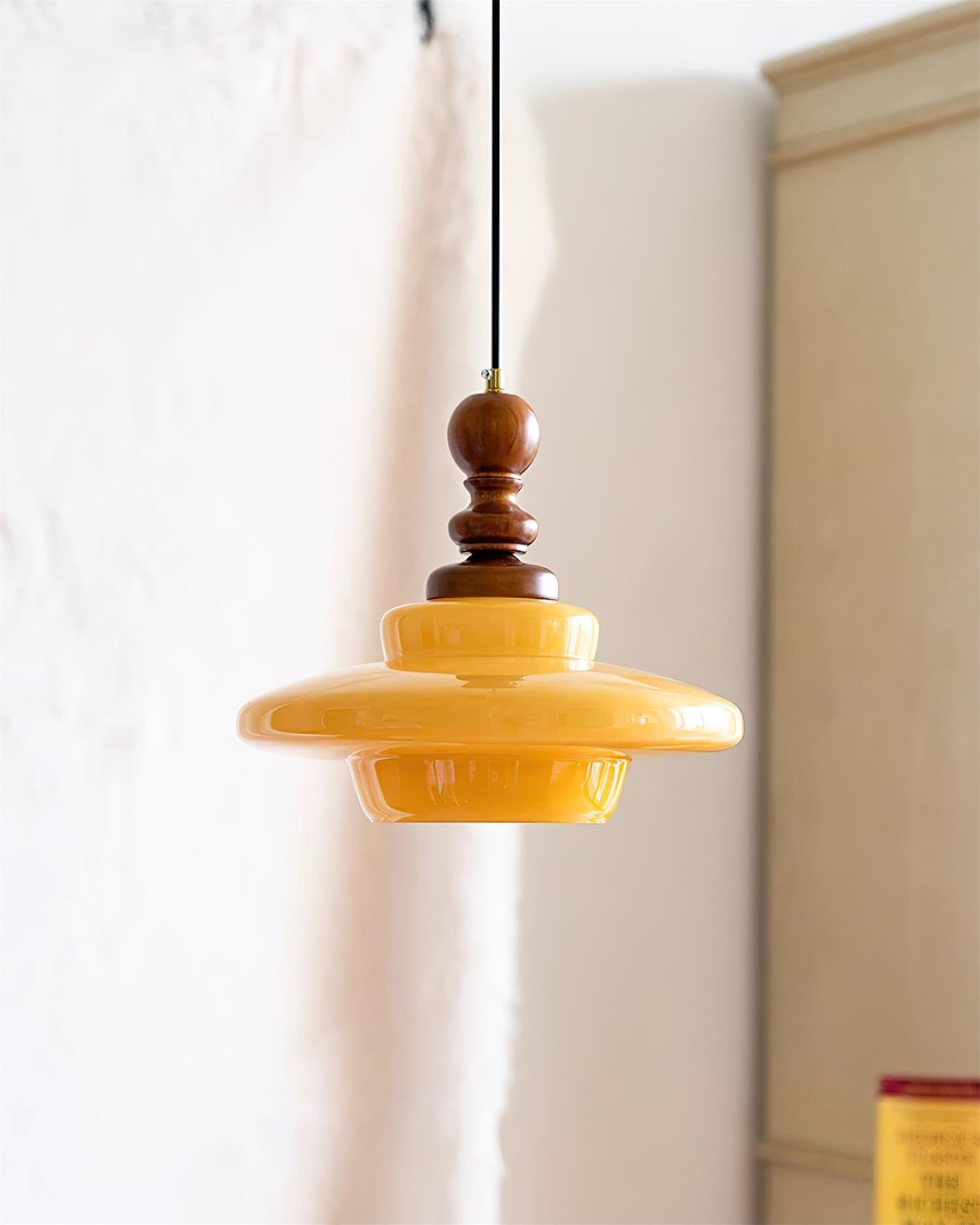 Pendant Lamp Yellow Glass with Walnut Wood Accent Retro
