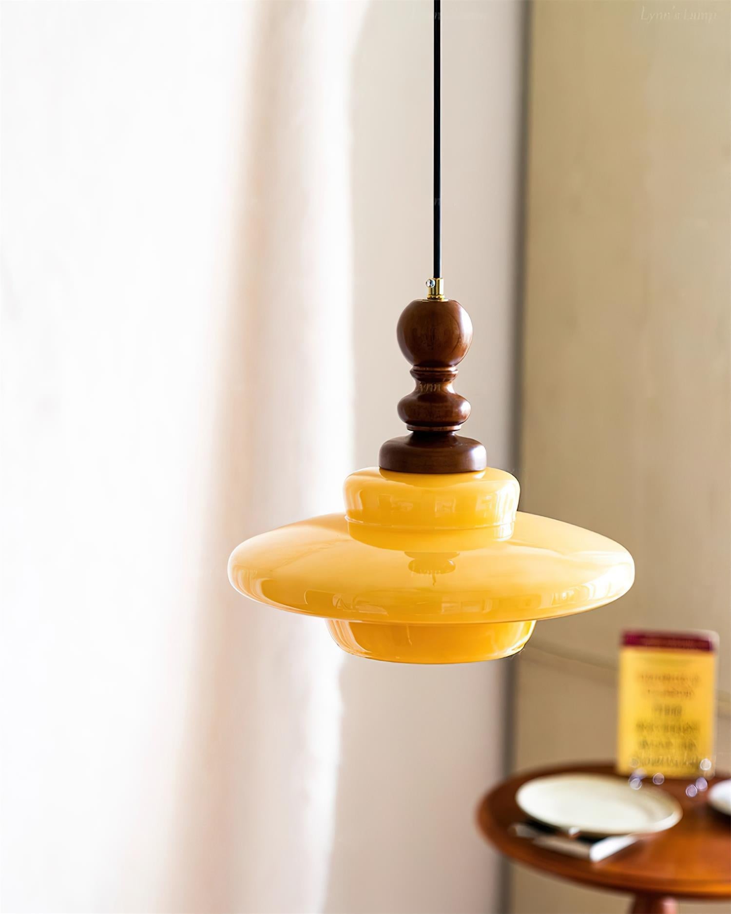 Pendant Lamp Yellow Glass with Walnut Wood Accent Retro