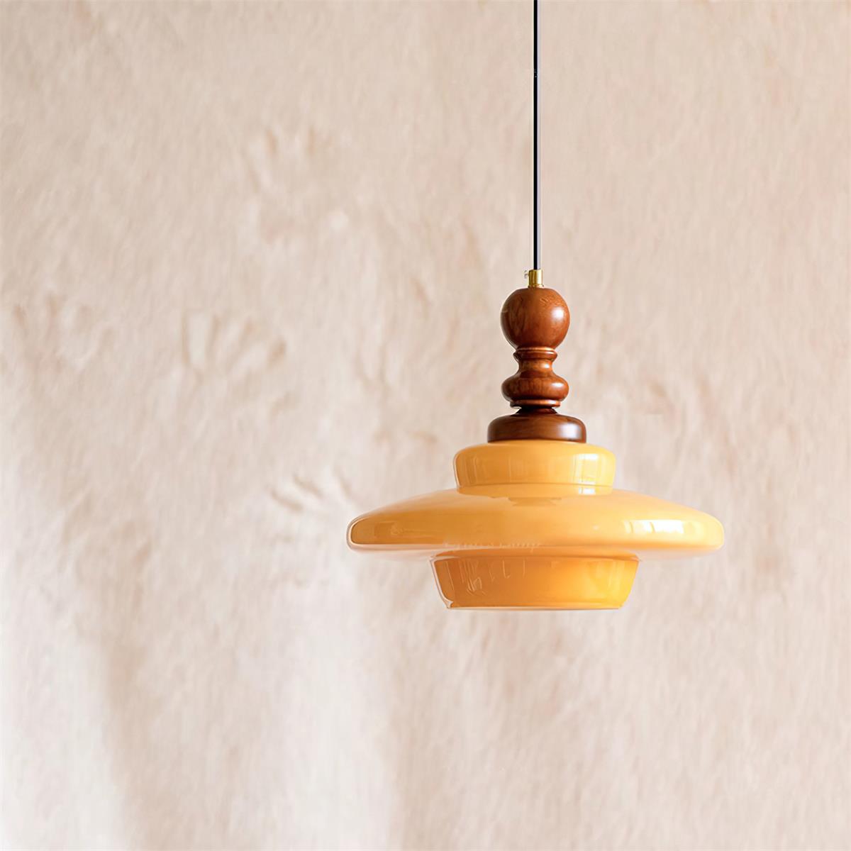 Pendant Lamp Yellow Glass with Walnut Wood Accent Retro