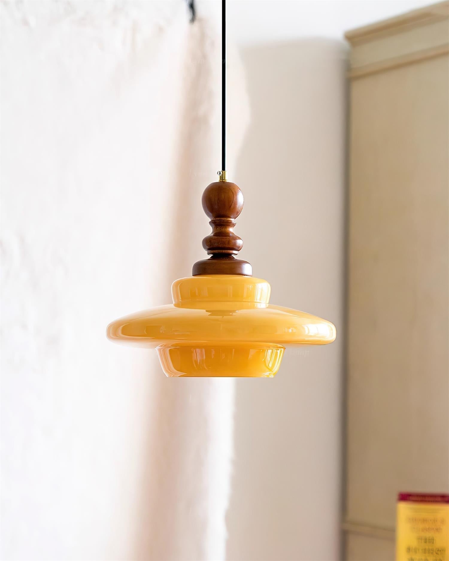 Pendant Lamp Yellow Glass with Walnut Wood Accent Retro