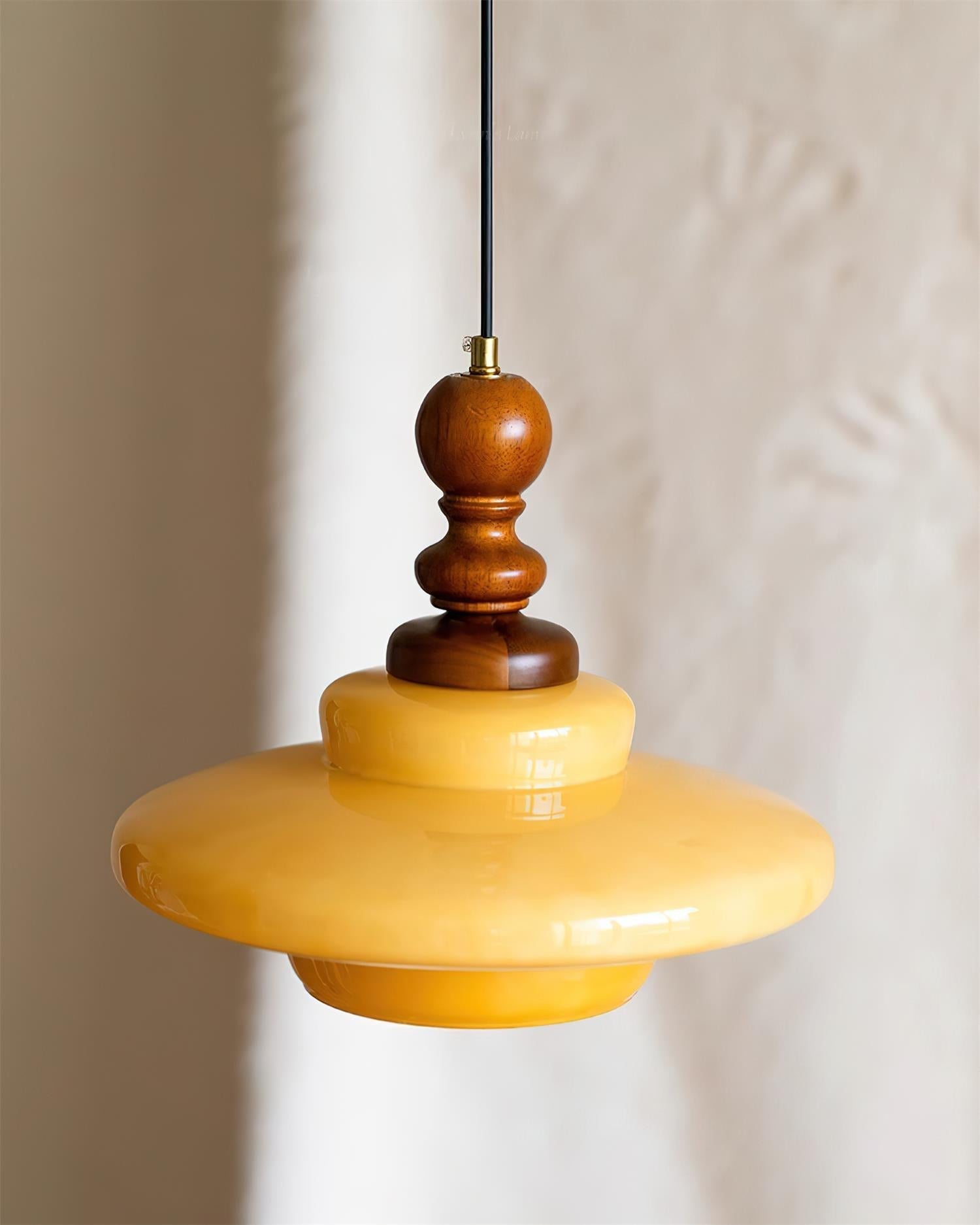 Pendant Lamp Yellow Glass with Walnut Wood Accent Retro