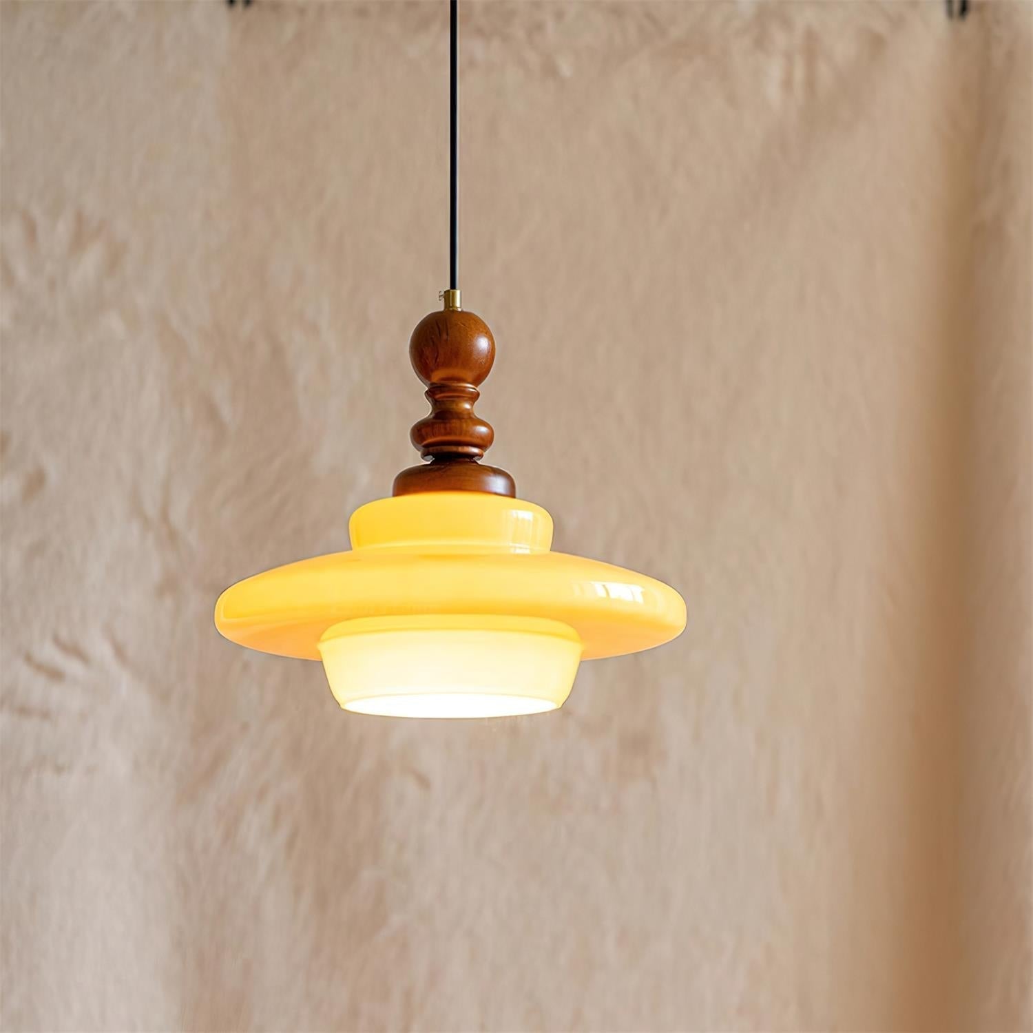 Pendant Lamp Yellow Glass with Walnut Wood Accent Retro