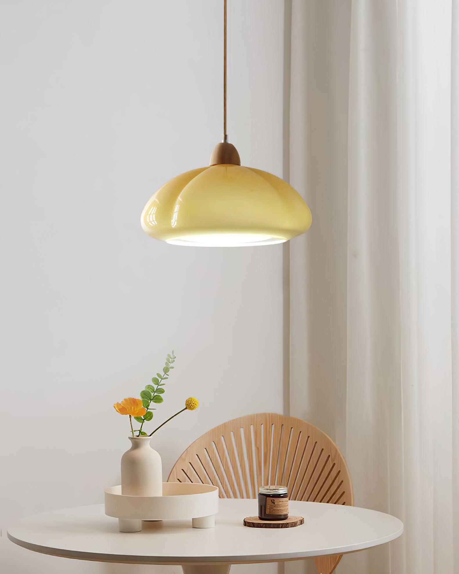 Pendant Lamp Rounded Glass Shade Wood Accent Playful Modern Touch