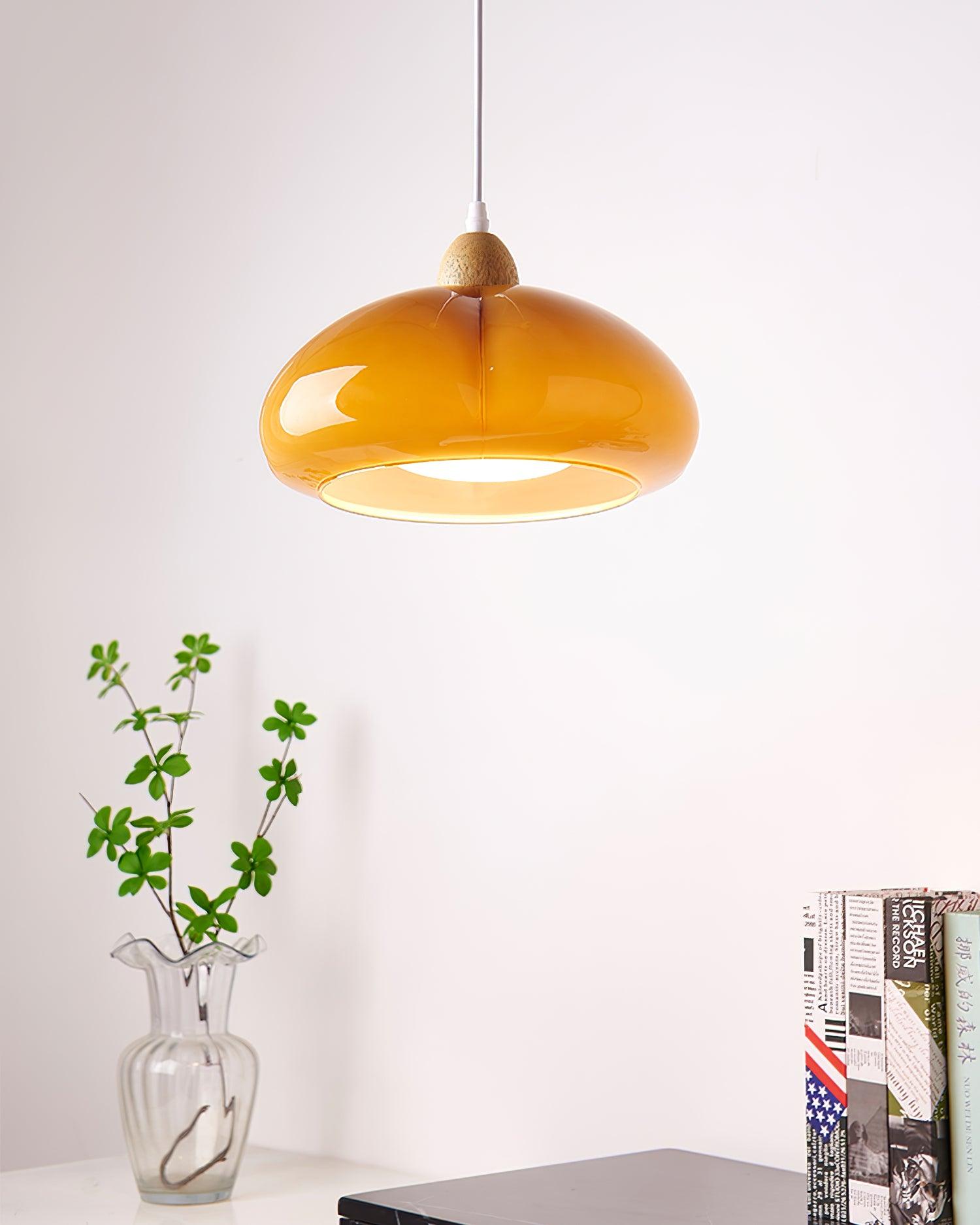 Pendant Lamp Rounded Glass Shade Wood Accent Playful Modern Touch