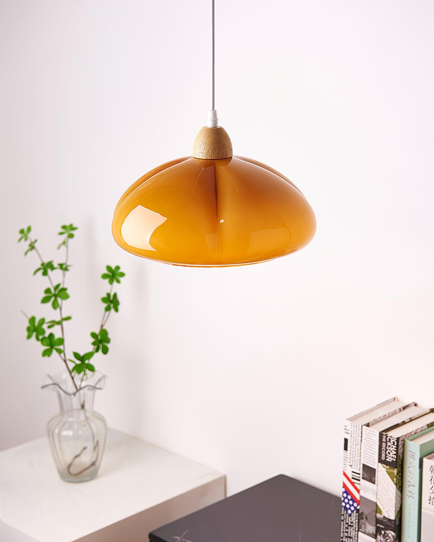 Pendant Lamp Rounded Glass Shade Wood Accent Playful Modern Touch