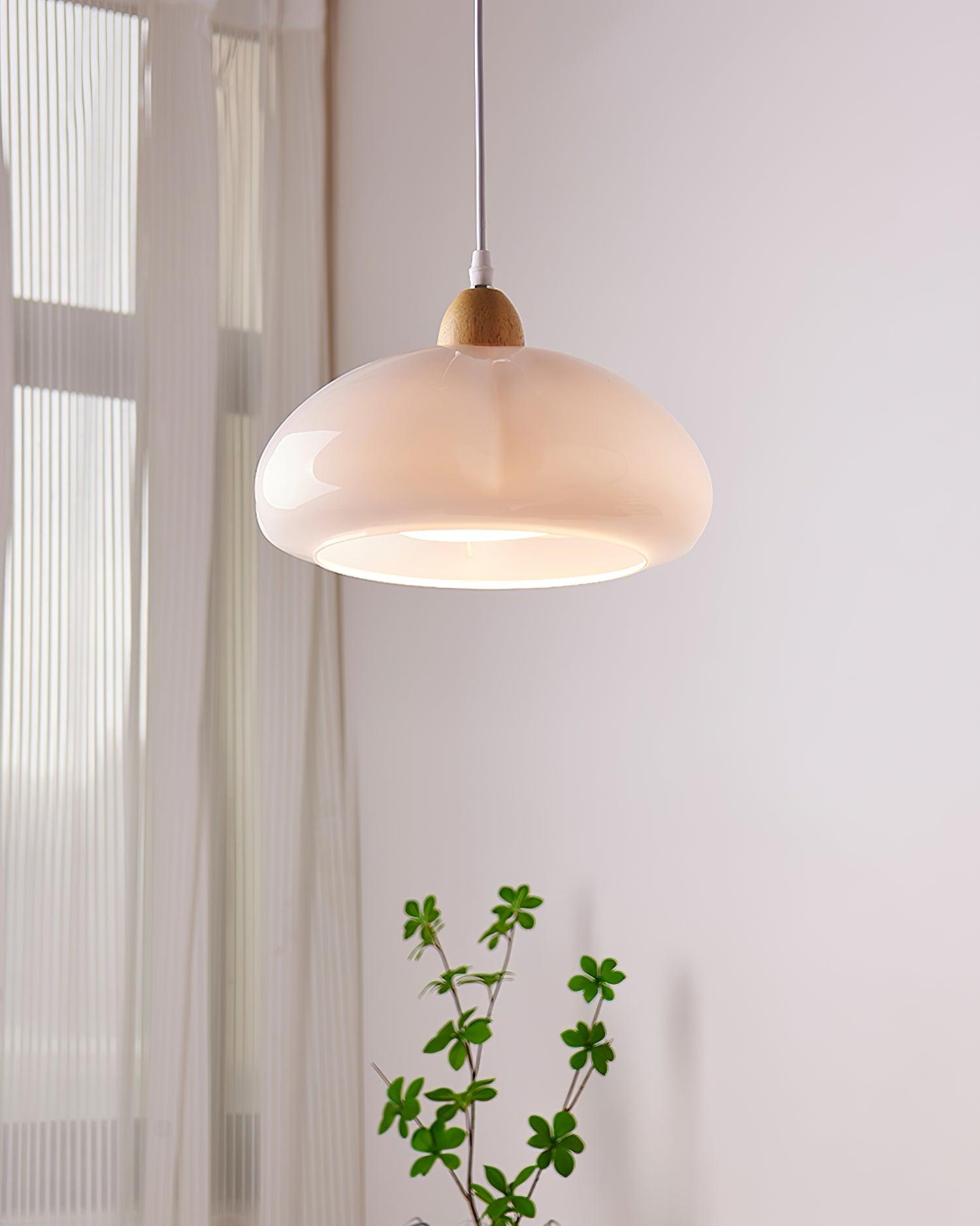 Pendant Lamp Rounded Glass Shade Wood Accent Playful Modern Touch