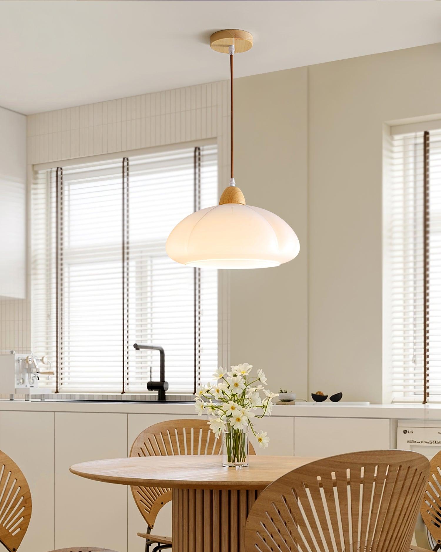 Pendant Lamp Rounded Glass Shade Wood Accent Playful Modern Touch