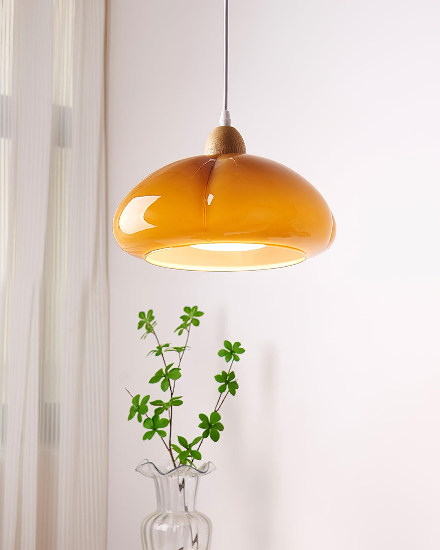 Pendant Lamp Rounded Glass Shade Wood Accent Playful Modern Touch