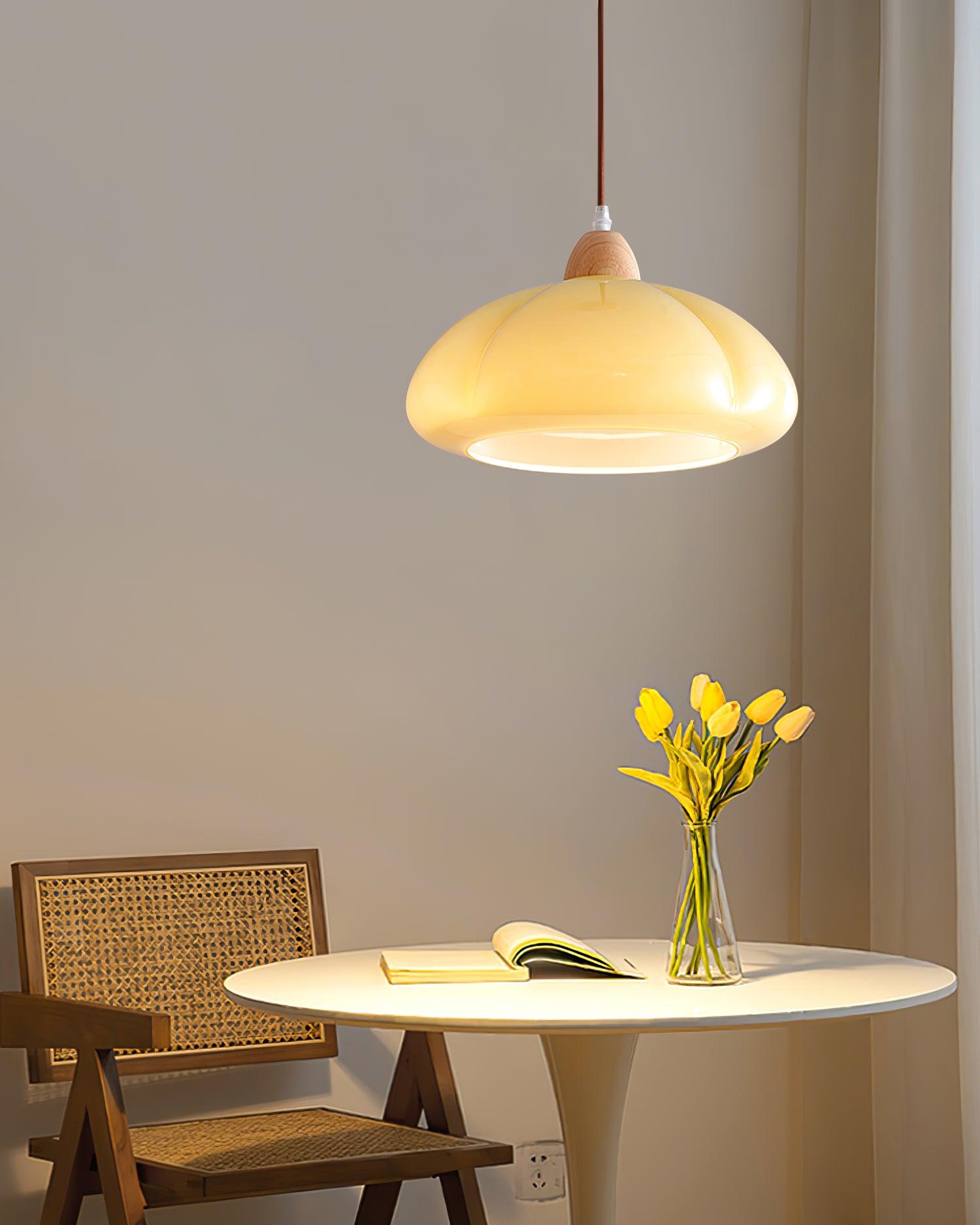 Pendant Lamp Rounded Glass Shade Wood Accent Playful Modern Touch