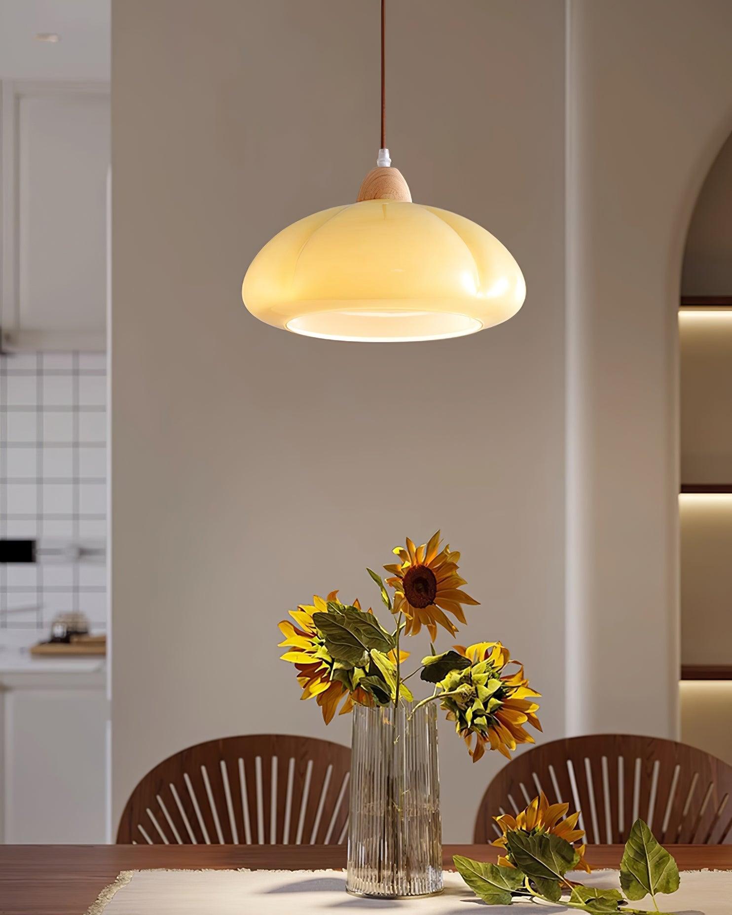 Pendant Lamp Rounded Glass Shade Wood Accent Playful Modern Touch