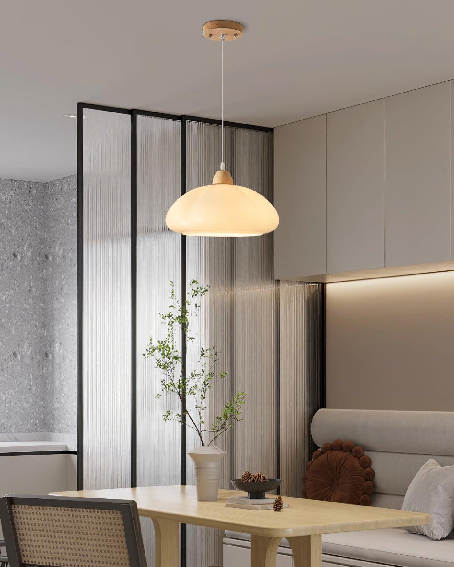 Pendant Lamp Rounded Glass Shade Wood Accent Playful Modern Touch