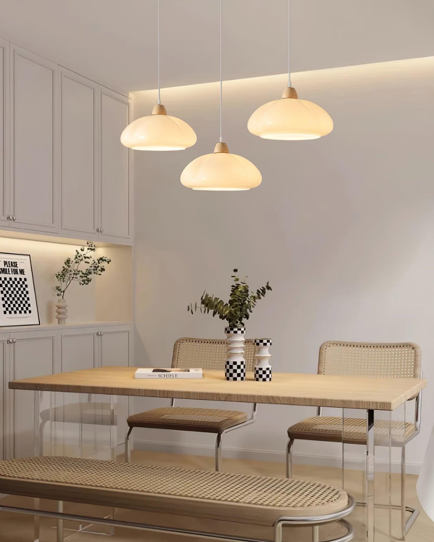 Pendant Lamp Rounded Glass Shade Wood Accent Playful Modern Touch