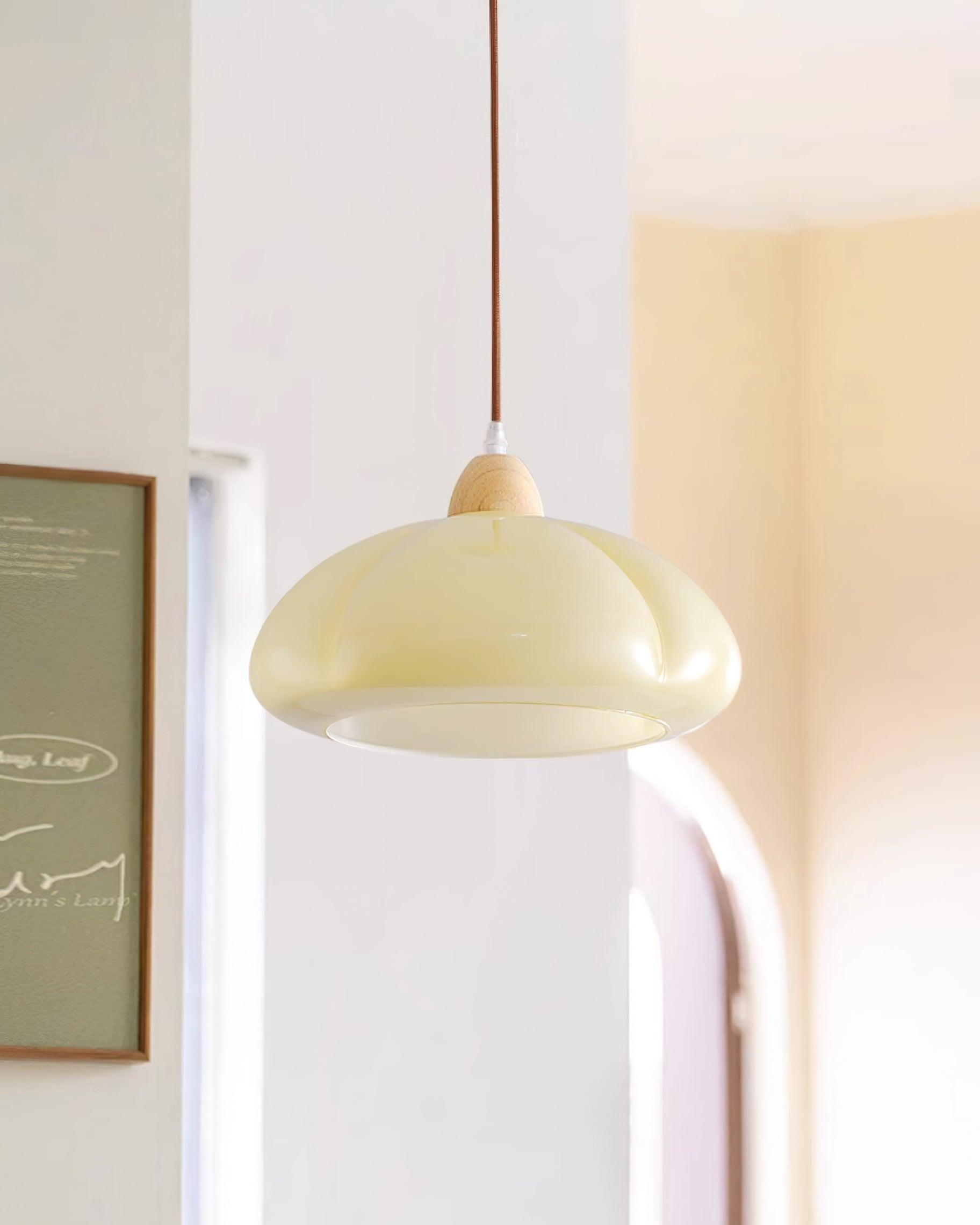 Pendant Lamp Rounded Glass Shade Wood Accent Playful Modern Touch