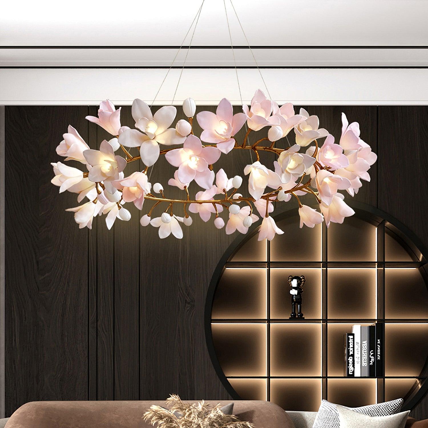 Elemu Chandelier Brass Ceramic Blossom-Neutral Decor