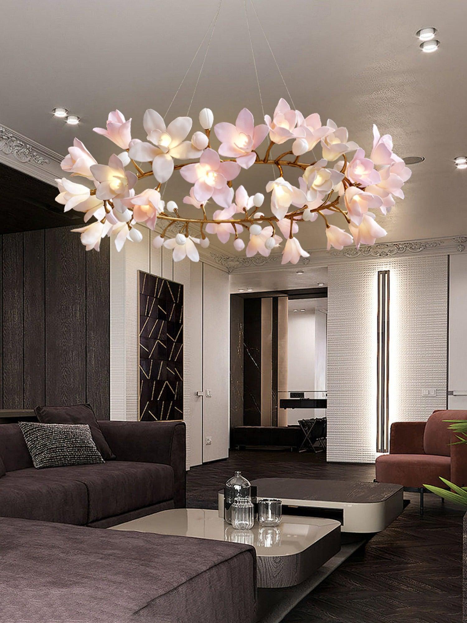 Elemu Chandelier Brass Ceramic Blossom-Neutral Decor