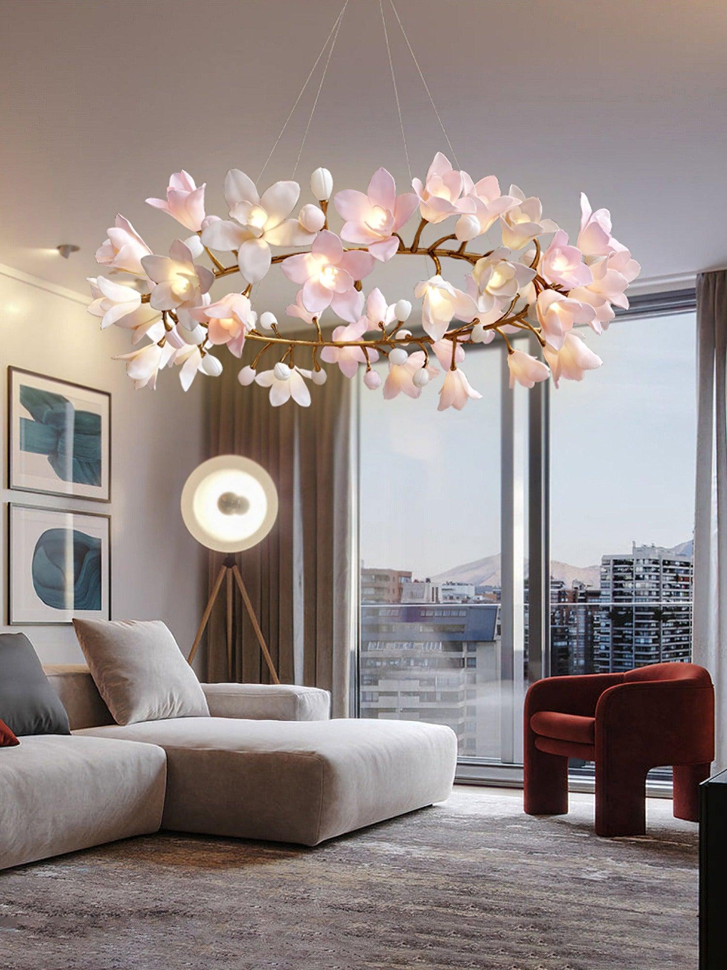 Elemu Chandelier Brass Ceramic Blossom-Neutral Decor