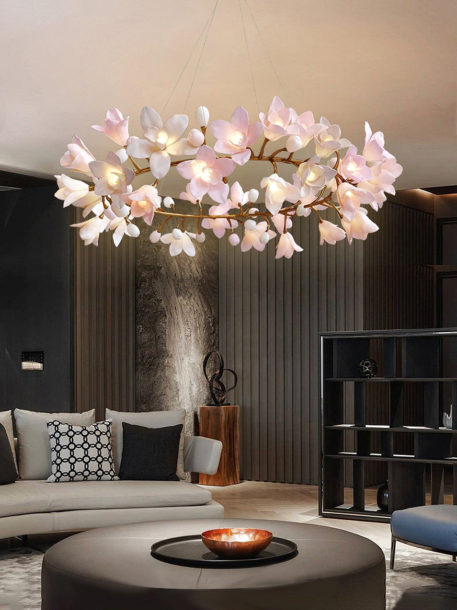 Elemu Chandelier Brass Ceramic Blossom-Neutral Decor