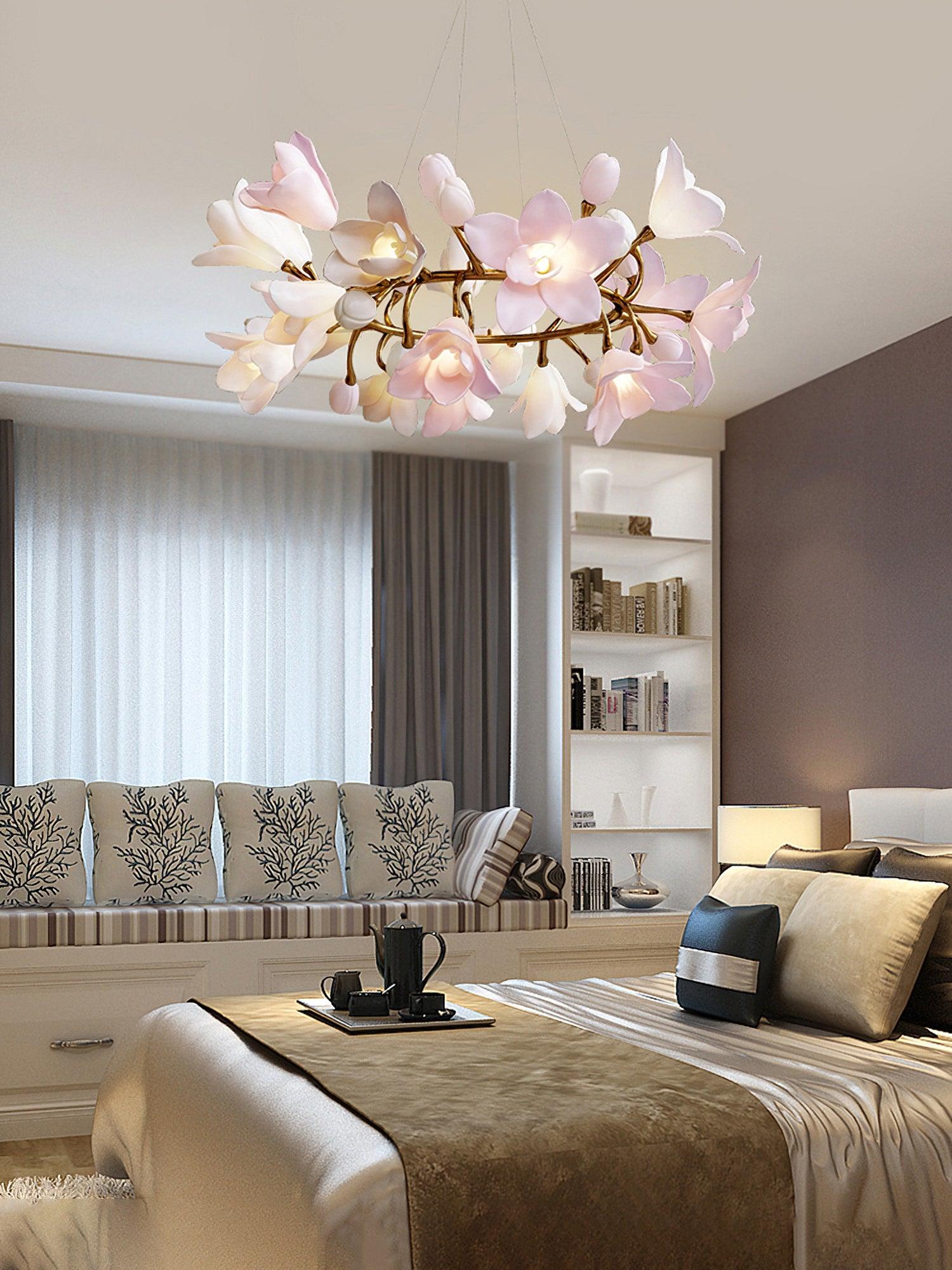 Elemu Chandelier Brass Ceramic Blossom-Neutral Decor