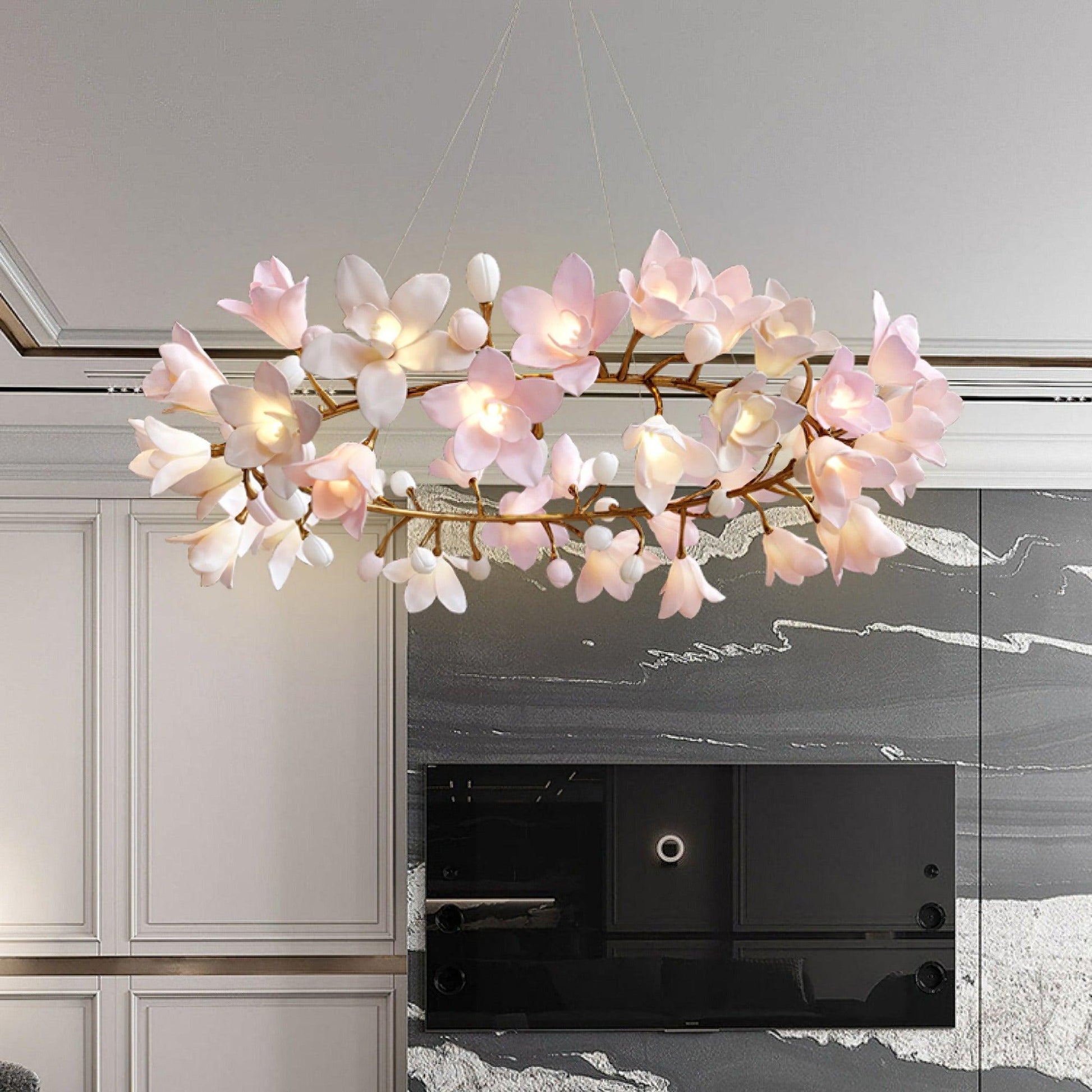 Elemu Chandelier Brass Ceramic Blossom-Neutral Decor