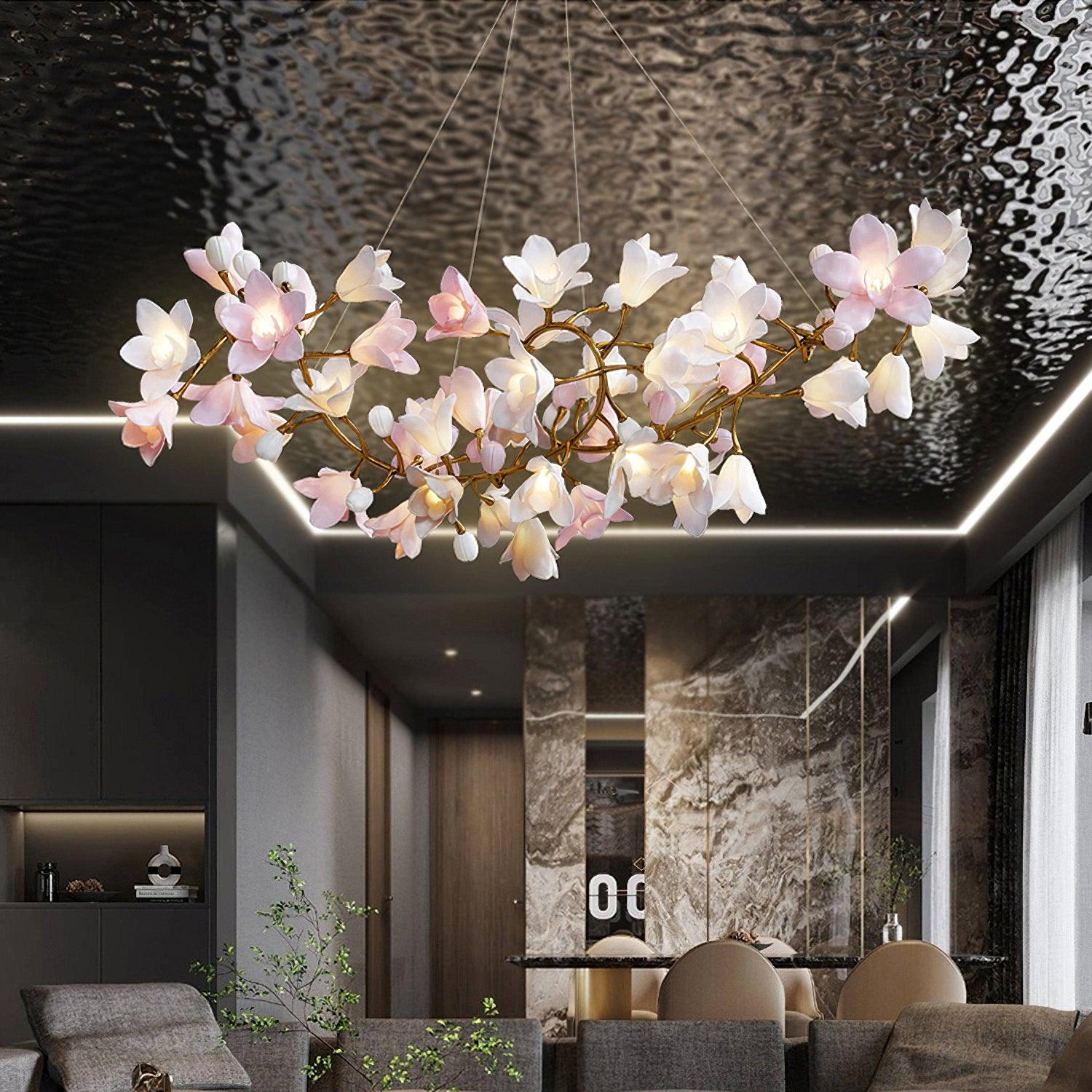 Elemu Chandelier Brass Ceramic Blossom-Neutral Decor