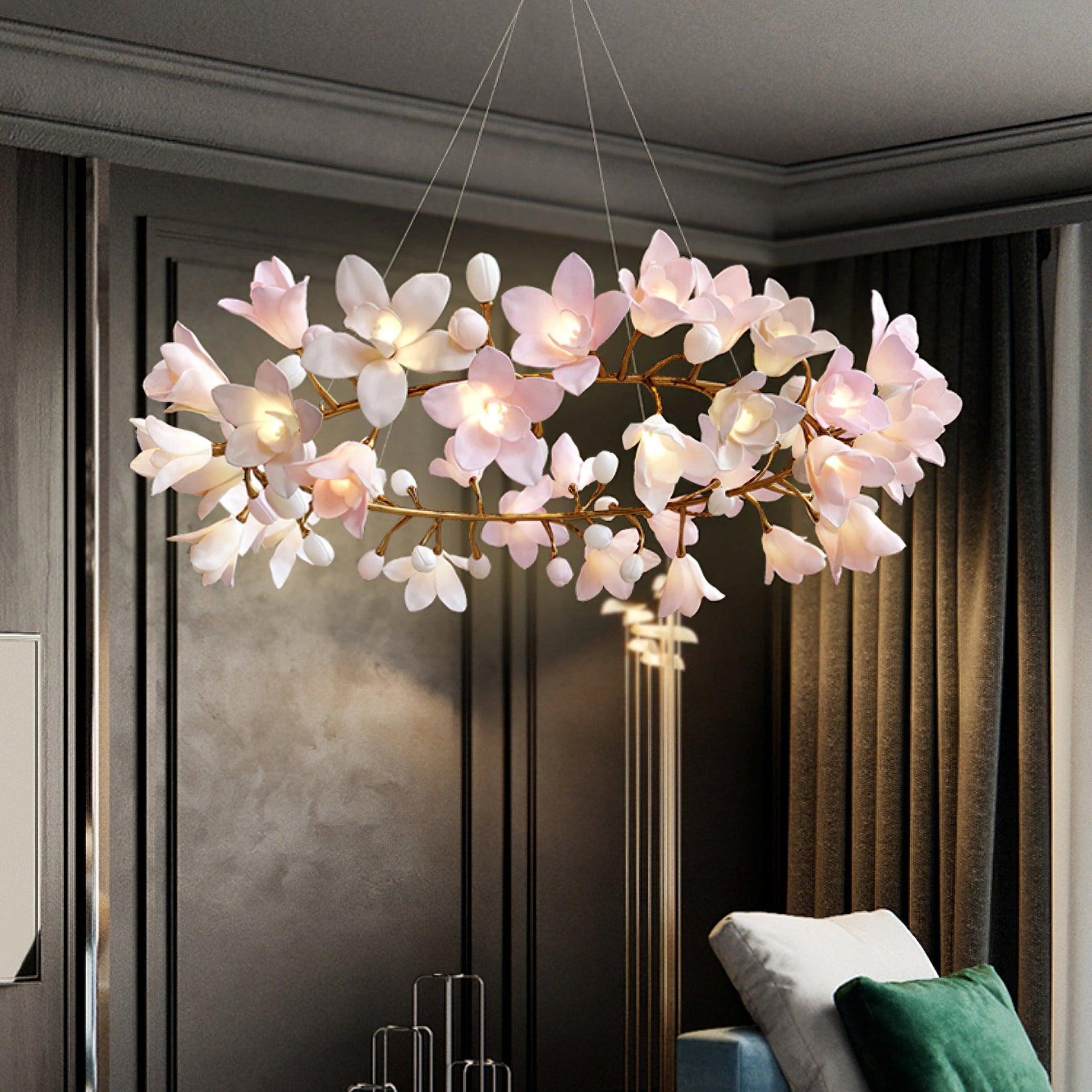 Elemu Chandelier Brass Ceramic Blossom-Neutral Decor