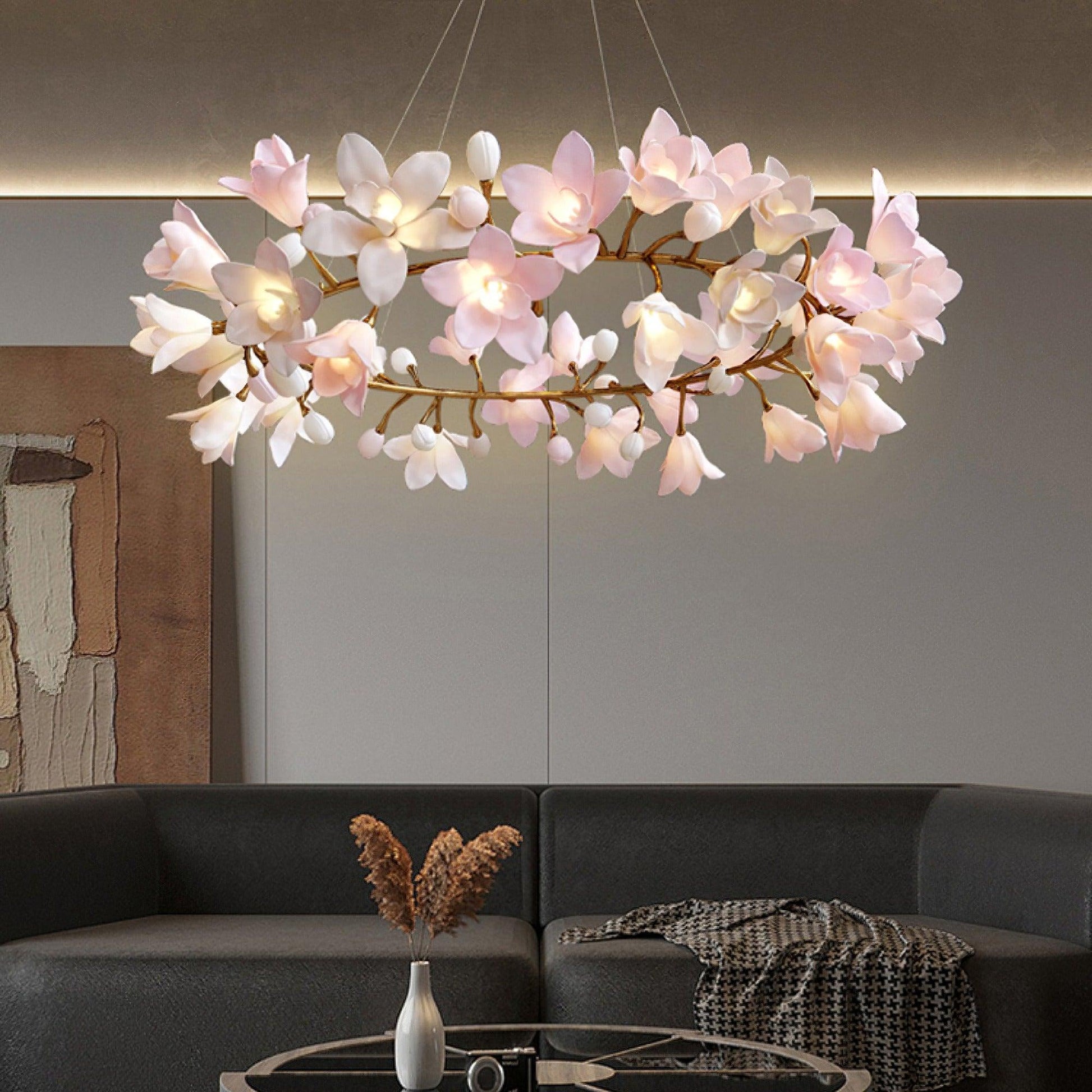 Elemu Chandelier Brass Ceramic Blossom-Neutral Decor