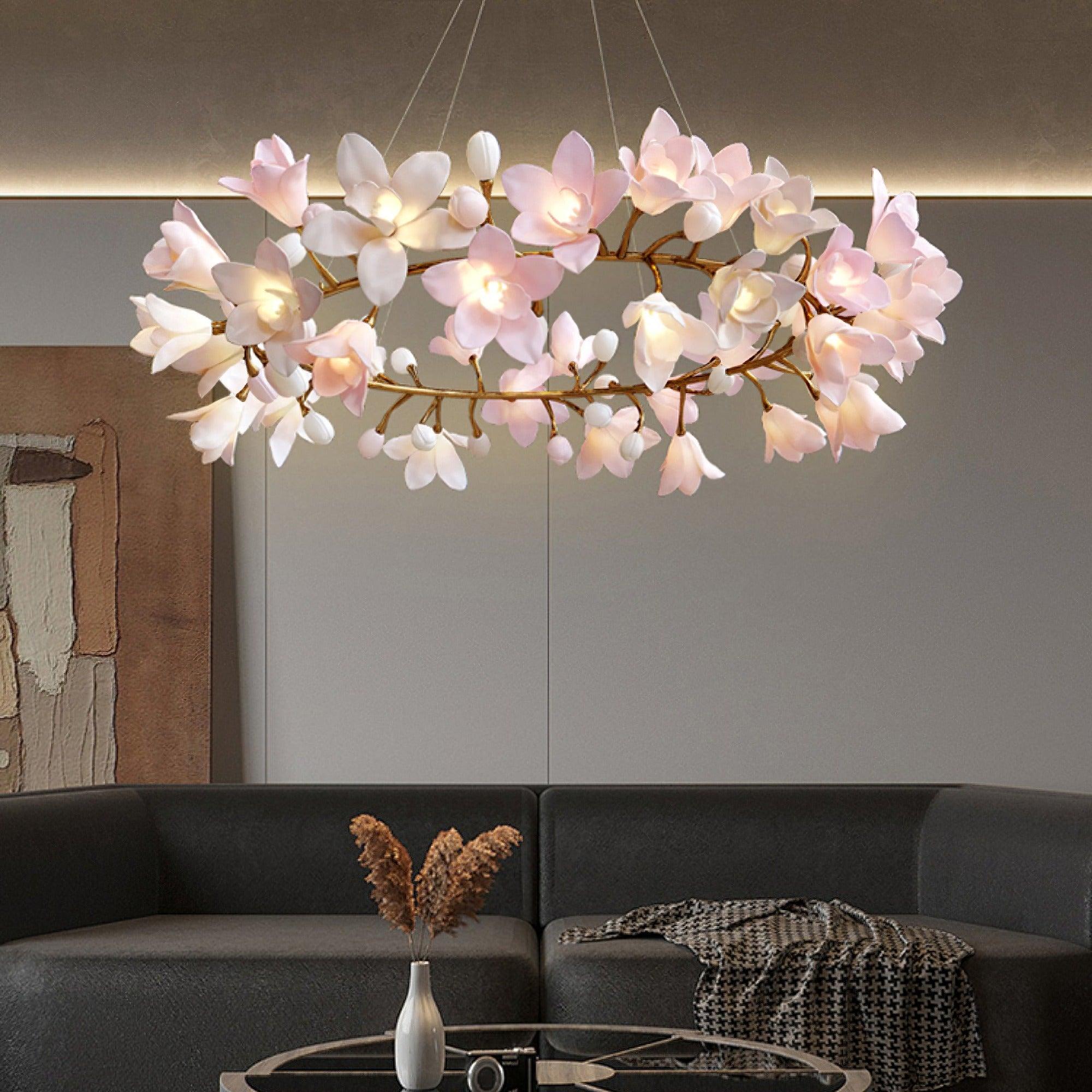 Elemu Chandelier Brass Ceramic Blossom-Neutral Decor