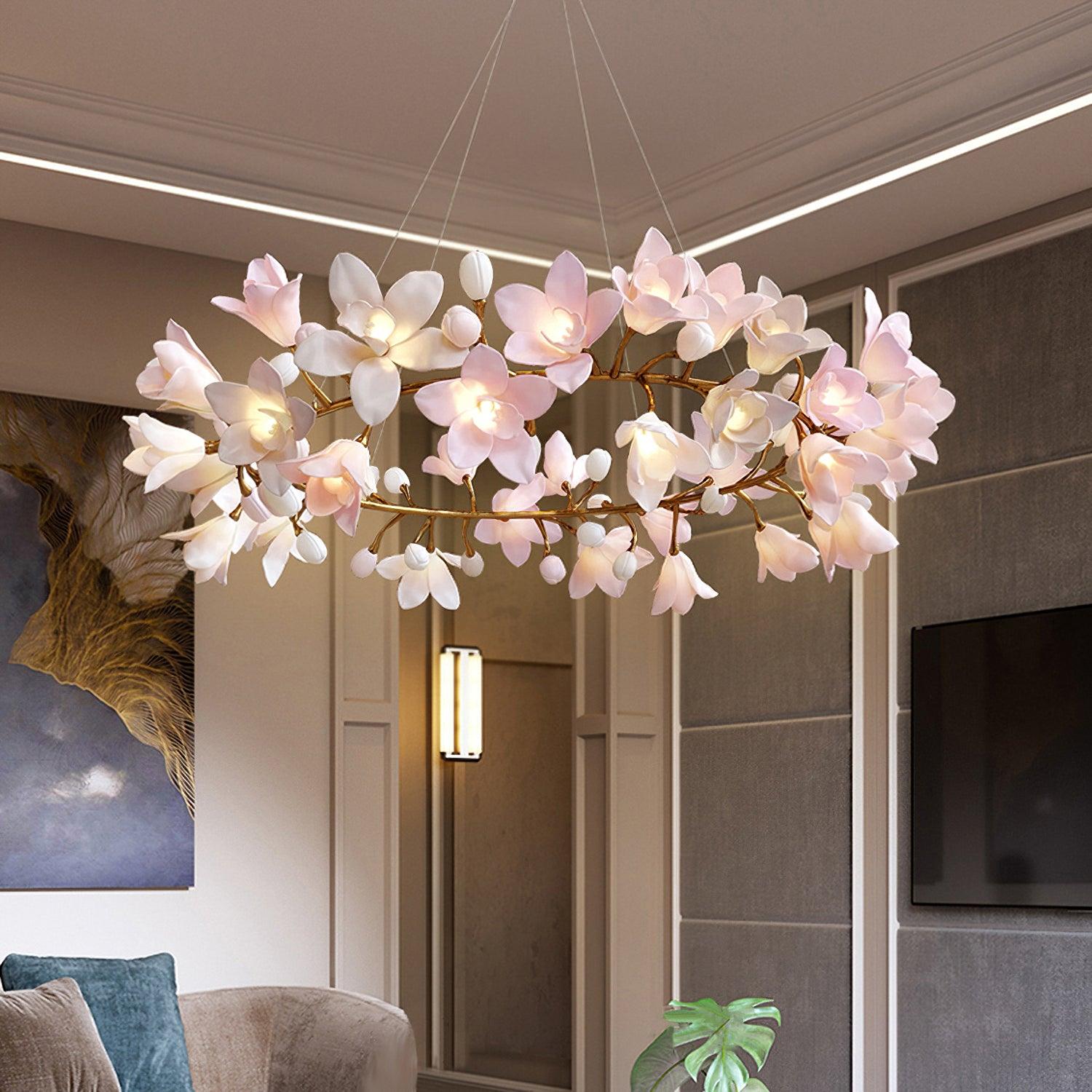 Elemu Chandelier Brass Ceramic Blossom-Neutral Decor