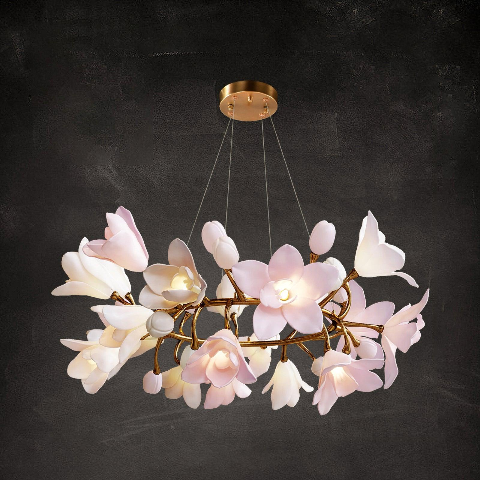 Elemu Chandelier Brass Ceramic Blossom-Neutral Decor