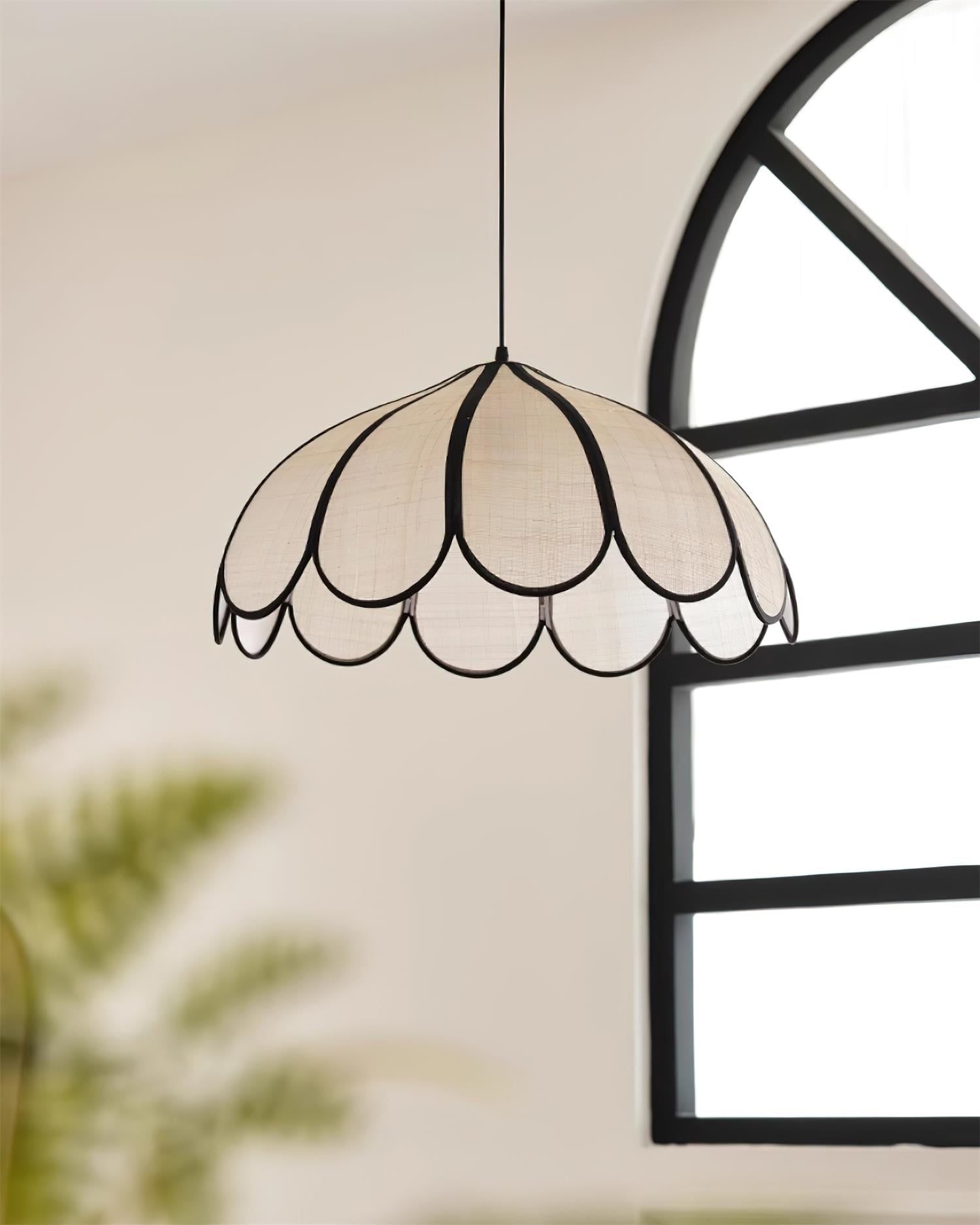 Pendant Lamp Scalloped Plant Fiber Shade Metal Frame Minimalist