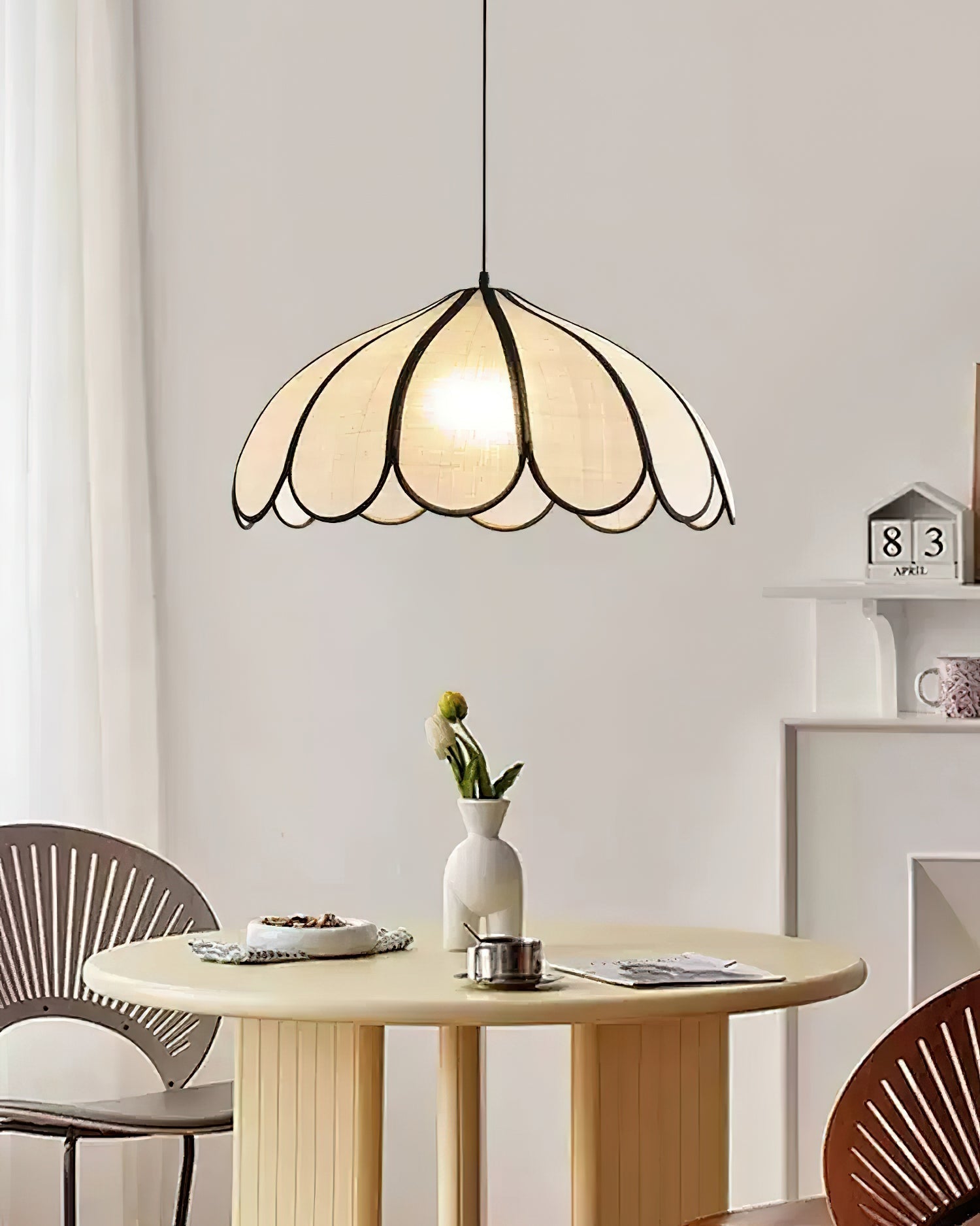 Pendant Lamp Scalloped Plant Fiber Shade Metal Frame Minimalist