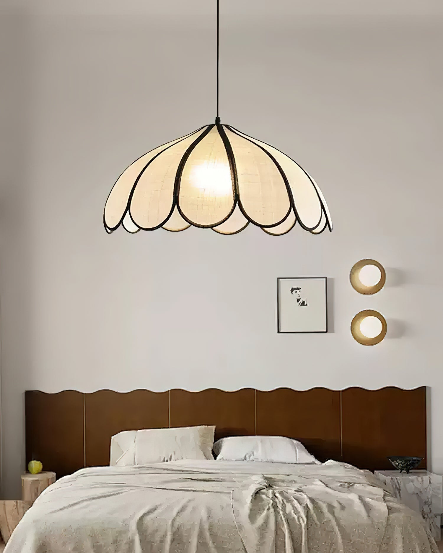 Pendant Lamp Scalloped Plant Fiber Shade Metal Frame Minimalist