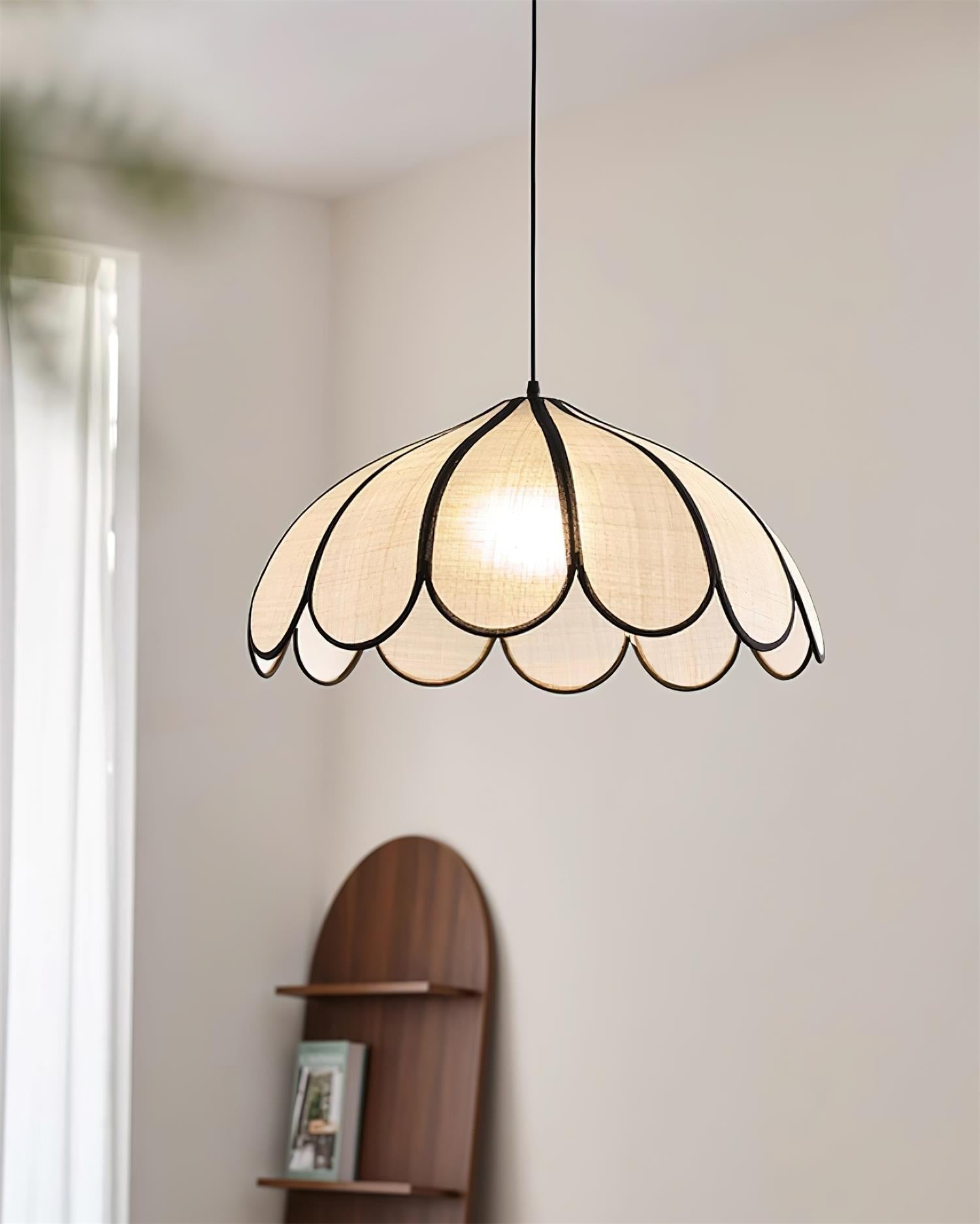 Pendant Lamp Scalloped Plant Fiber Shade Metal Frame Minimalist