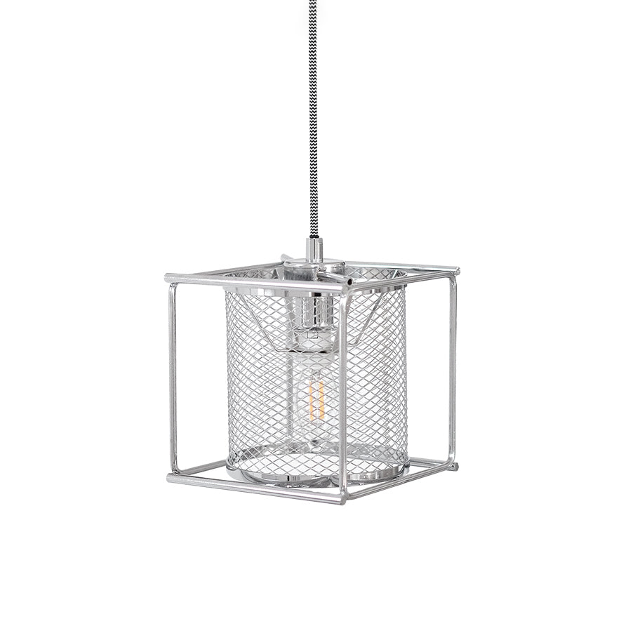 Clarus Pendant Lamp with chrome mesh drum shade.