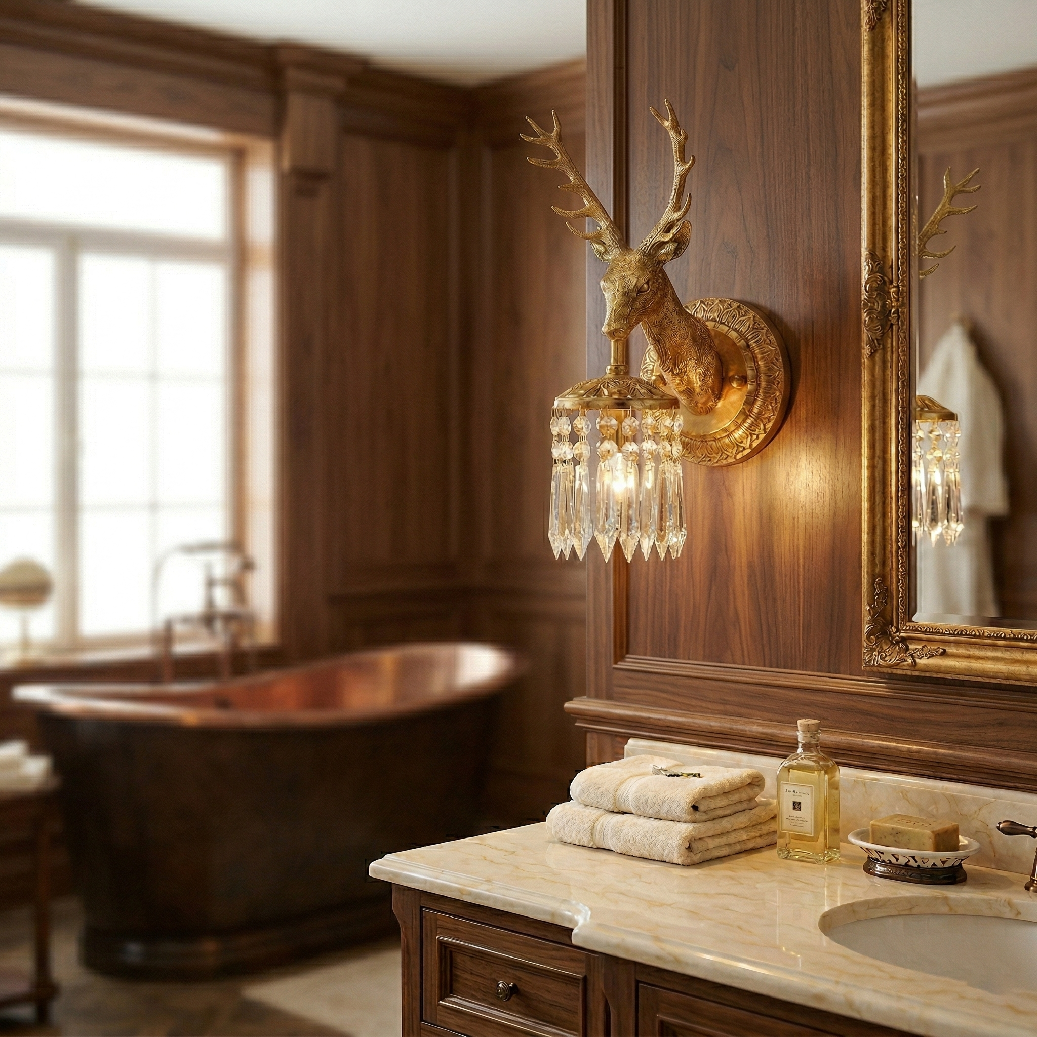 Lifestyle image of the Antler Crystal Wall Lamp in a traditional hallway.