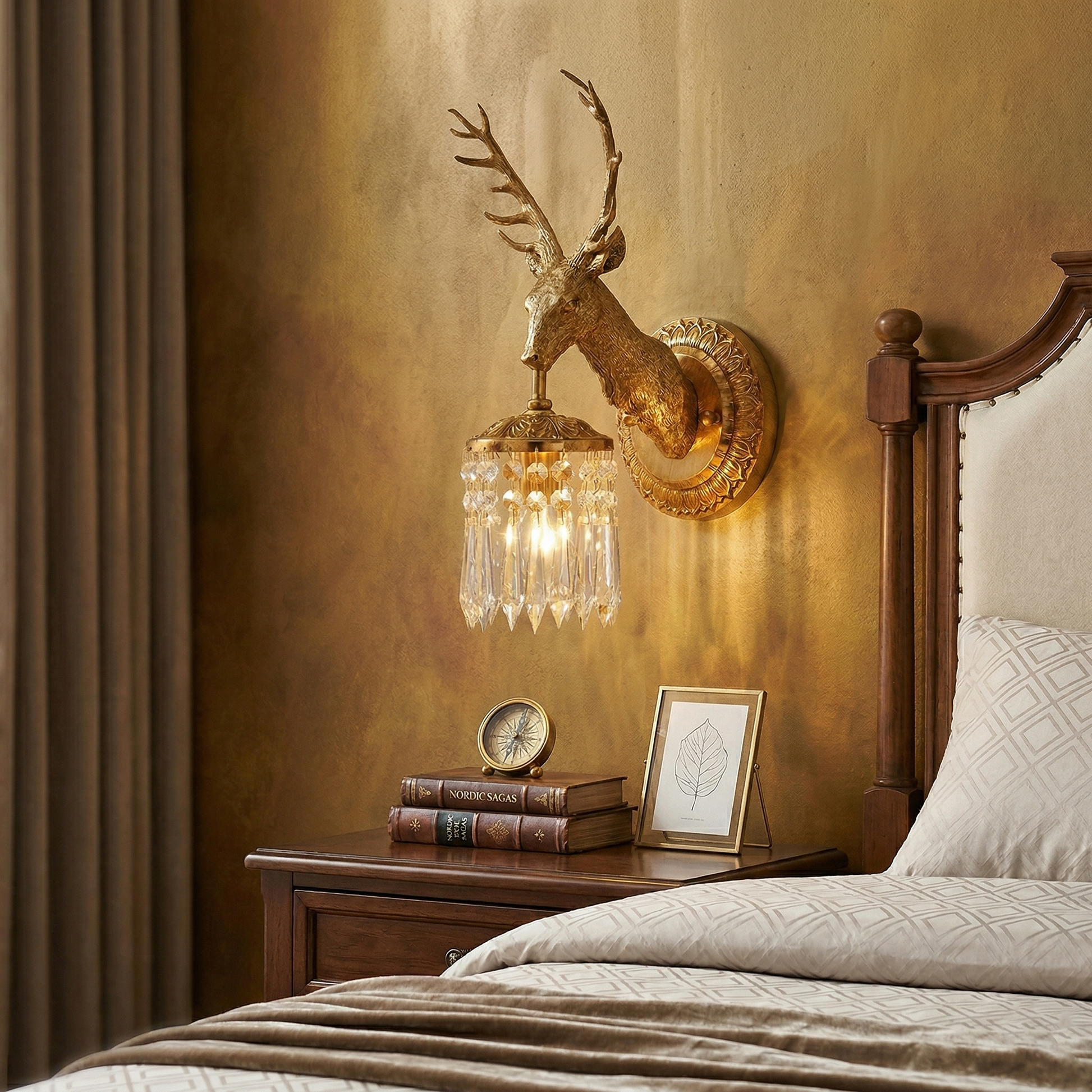 The fluted brass medallion backplate of the wall lamp.