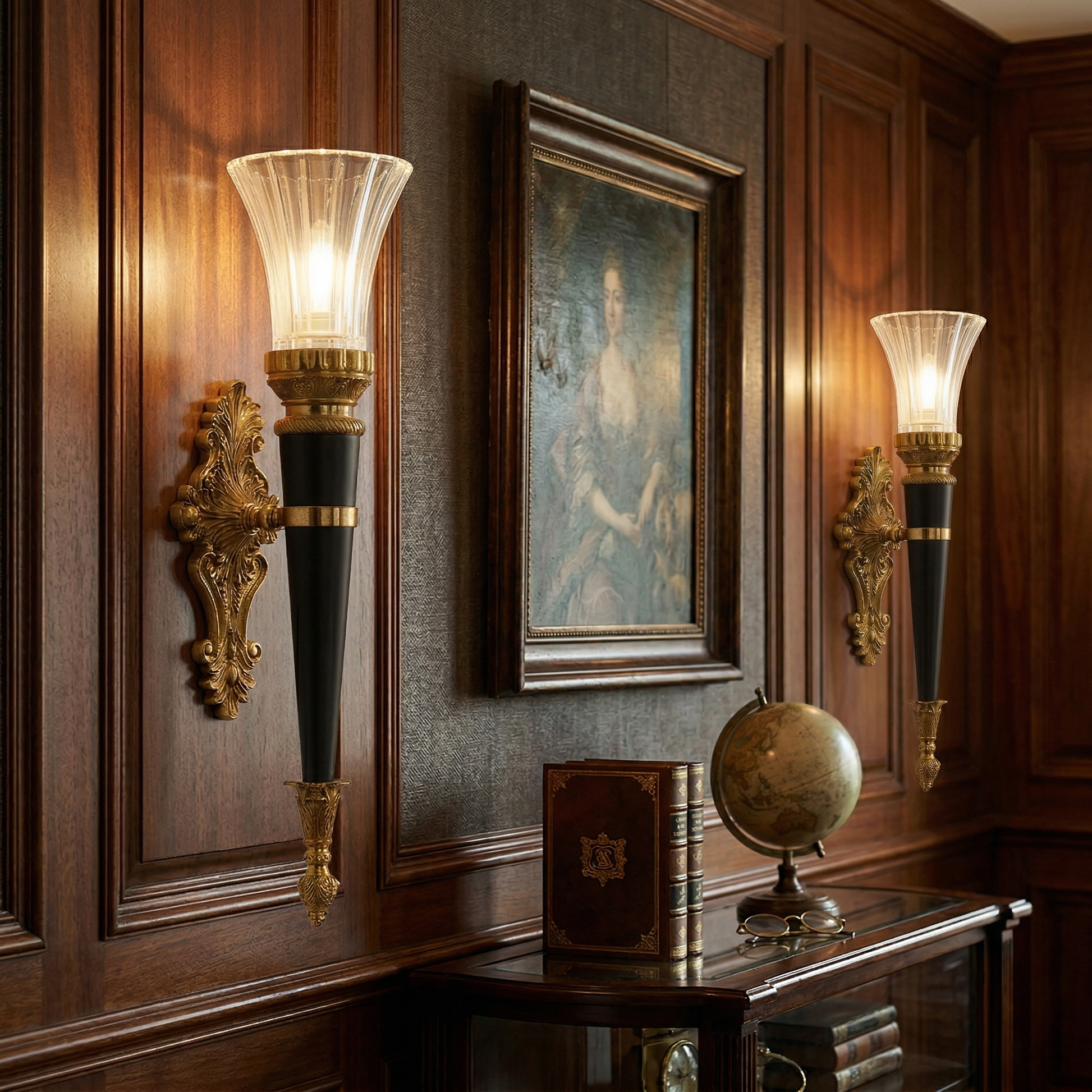 Lifestyle image featuring the Rosalinda Torch Wall Lamp providing warm ambient light.