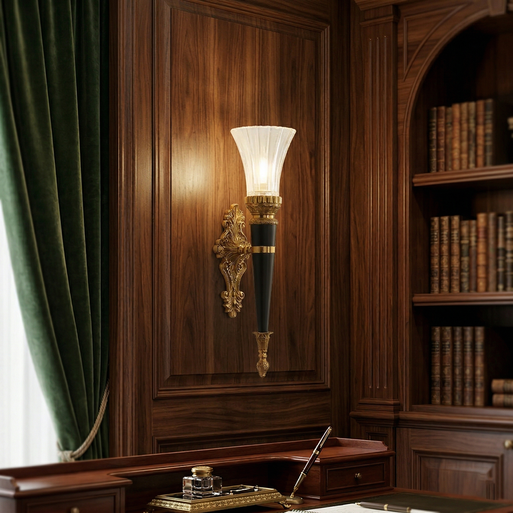 Back view of the Rosalinda Torch Wall Lamp showing the external wiring path.
