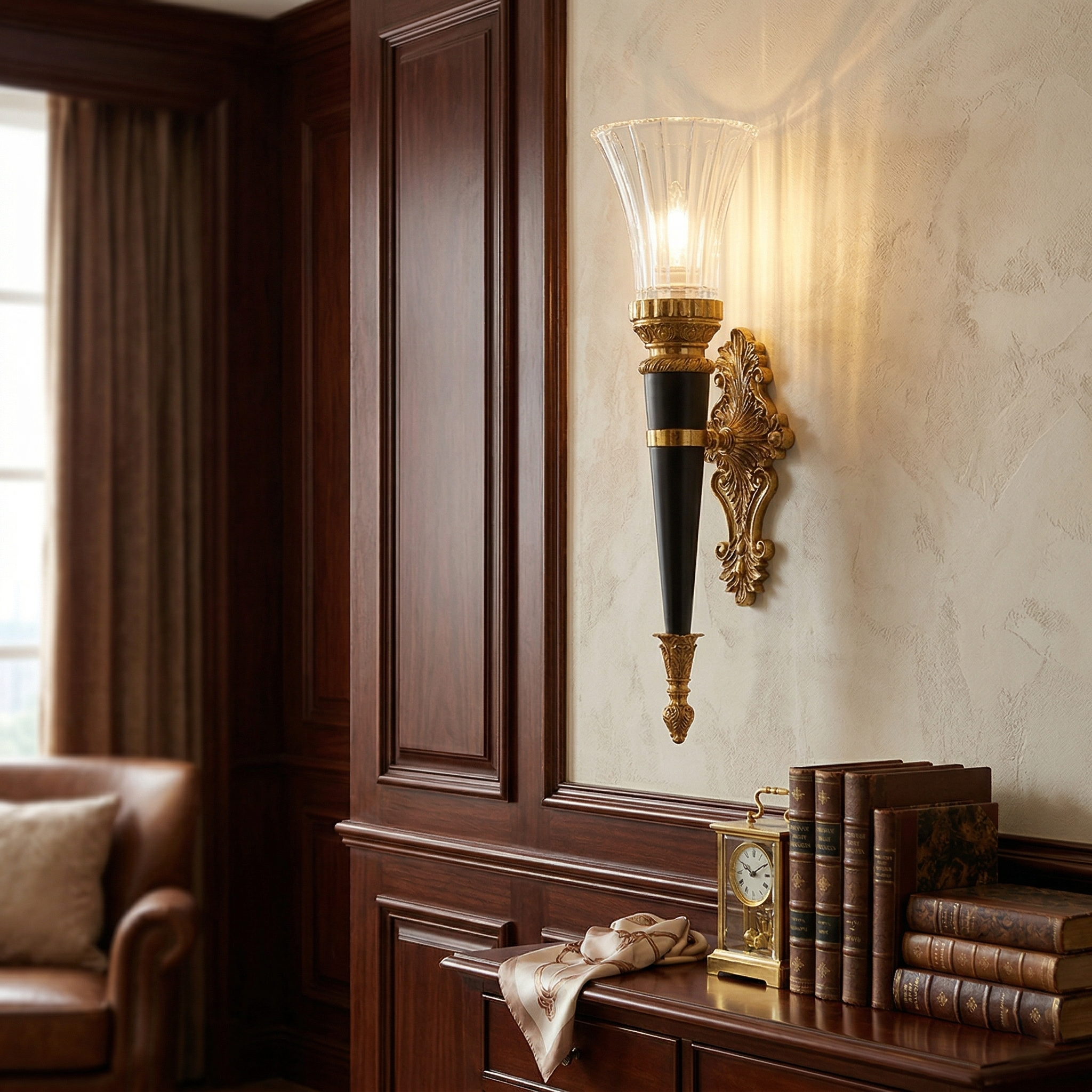 Rosalinda Torch Wall Lamp shown in a living room setting.
