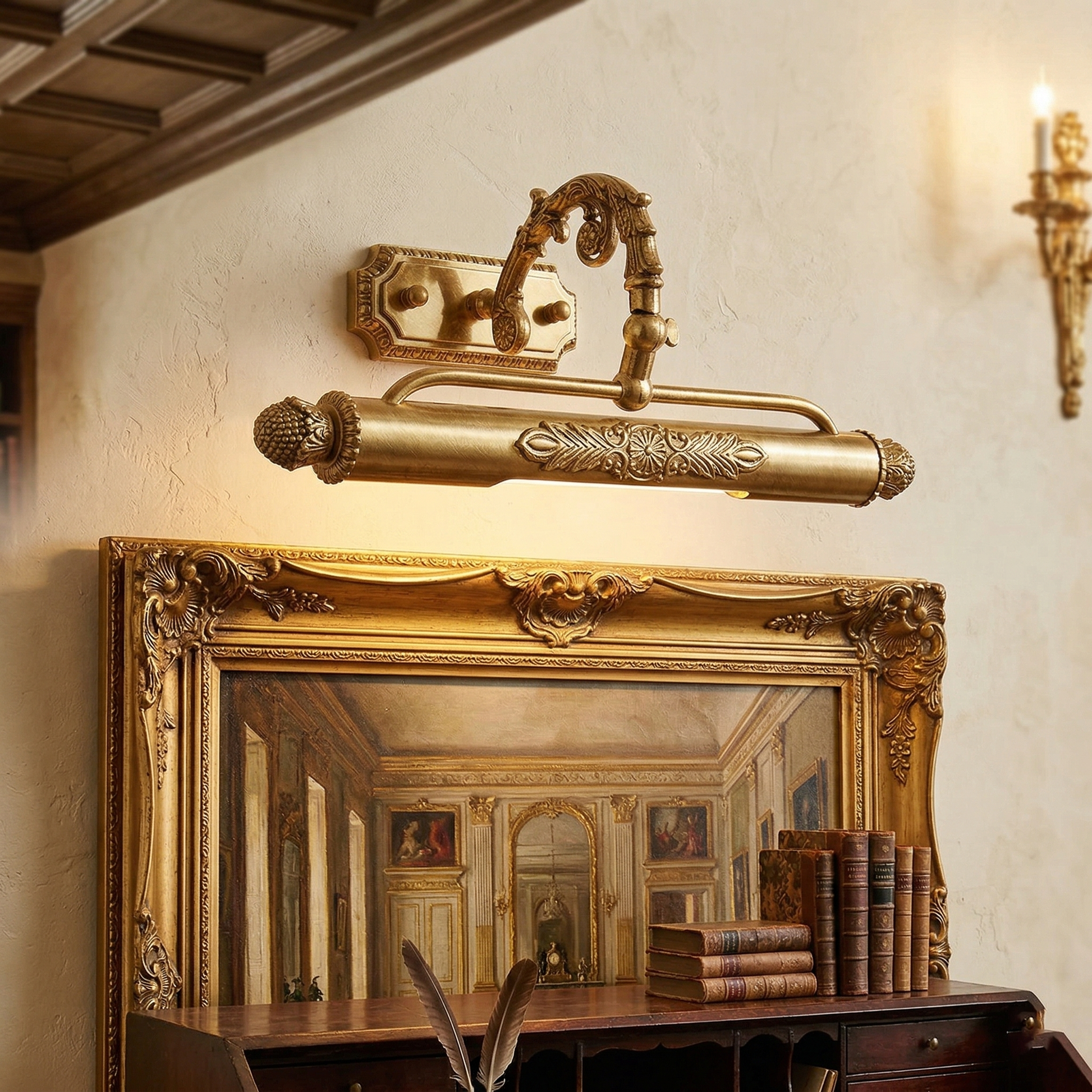 The Pania Wall Lamp installed horizontally above a framed print.