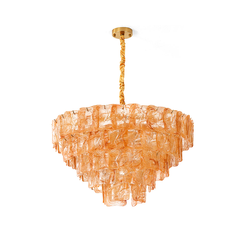 Clementine tiered glass chandelier with amber panels against a neutral background.
