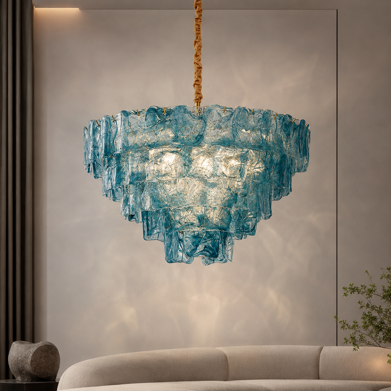Close-up view of the textured amber glass panels on the Clementine chandelier.