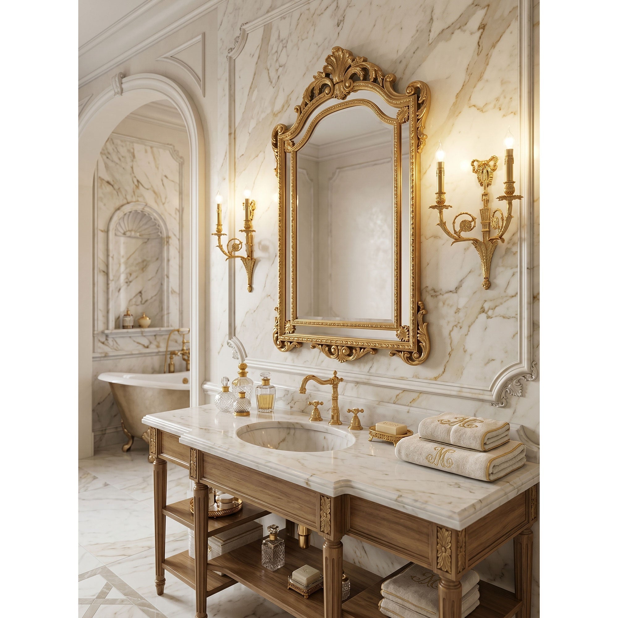 The polished brass finish of the wall sconce reflecting light.