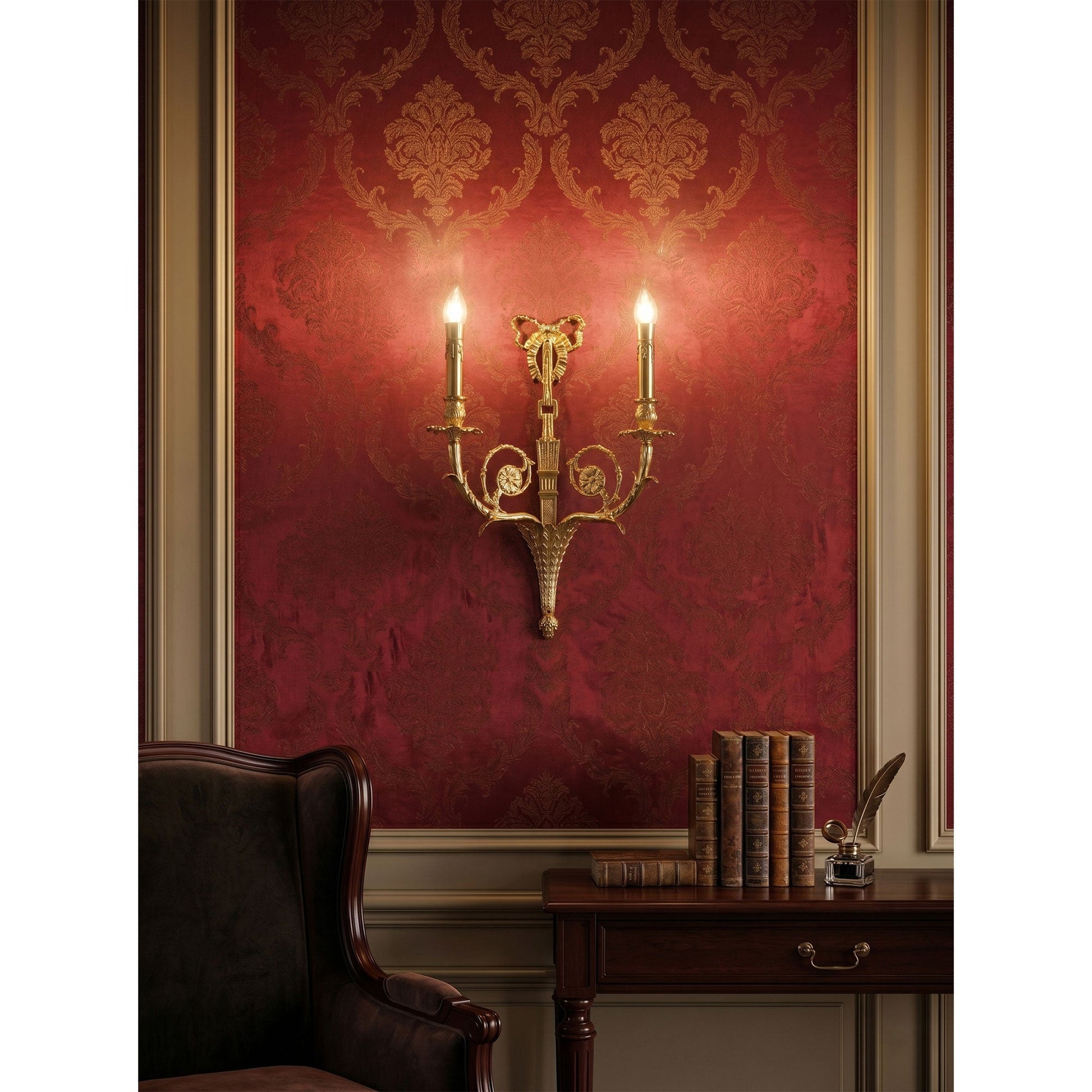 Lifestyle image of the sconce in a dark academia-themed study.