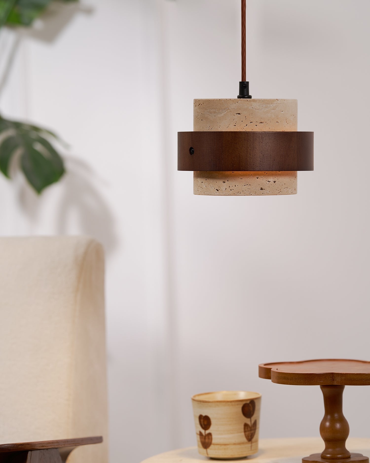 Cumirora Layered Cylinder Travertine Pendant Light-Neutral Decor