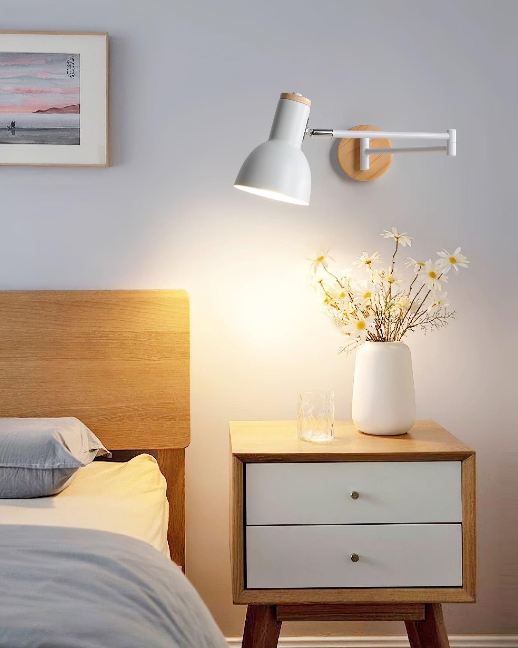Wall Lamp Adjustable Arm Cone Shade Wood Base Modern Study